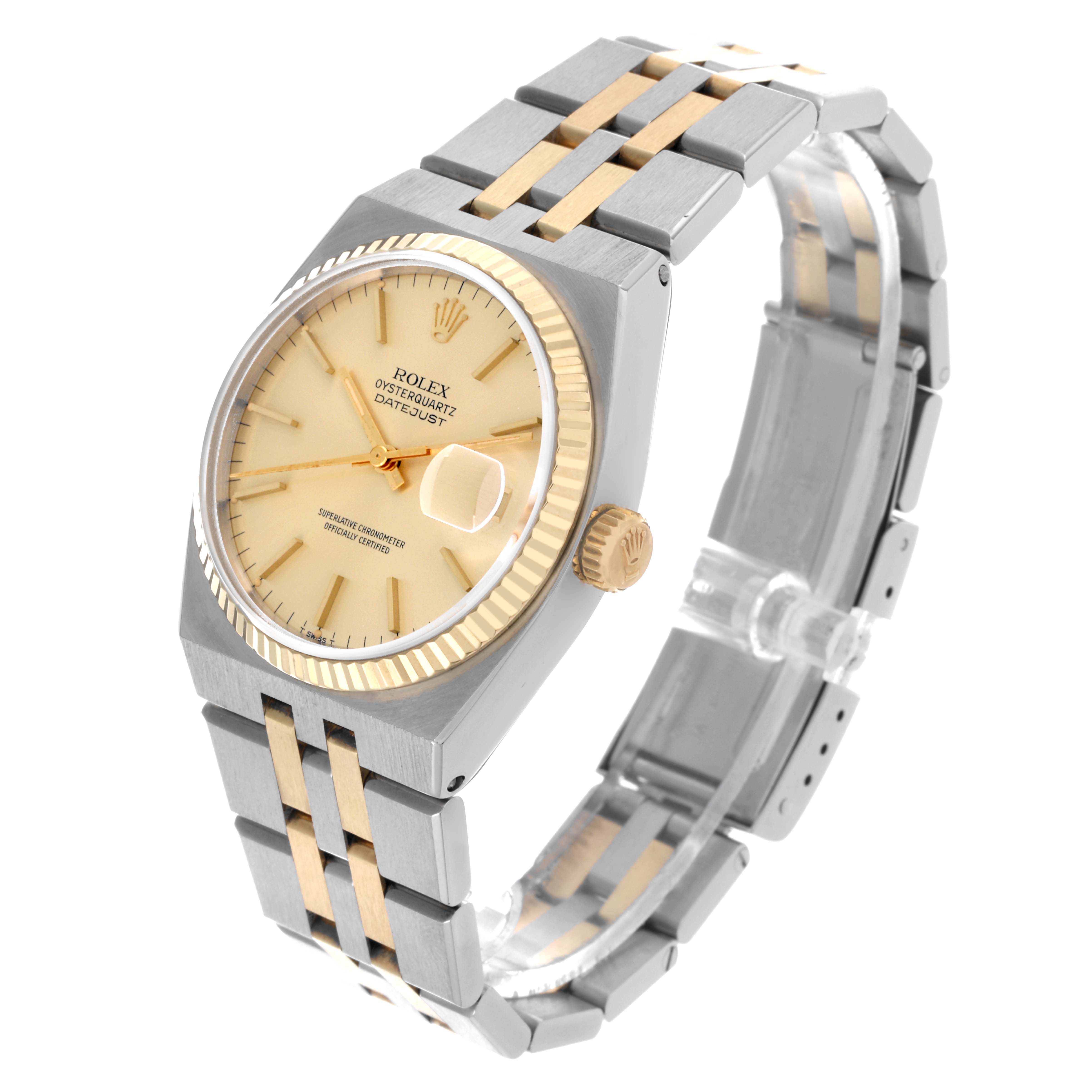The Rolex Oysterquartz 17013 Men's Steel and Gold (two tone) Champagne Dial 17013 Men's Steel and Gold (two tone) Champagne Dial watch is shown at an angled view, highlighting the dial, bezel, crown, and bracelet.