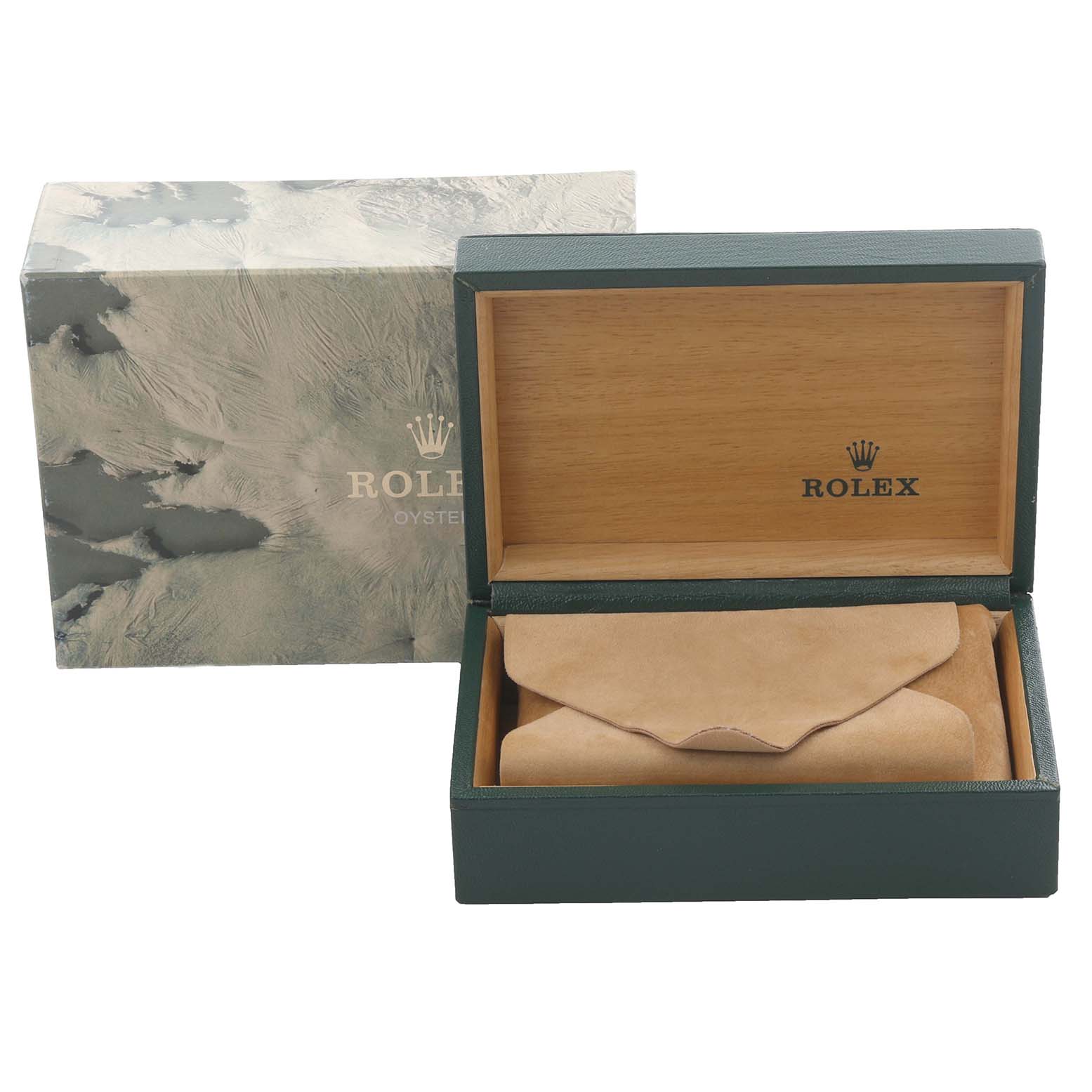 The image shows an open Rolex Oysterquartz 17013 Men's Steel and Gold (two tone) Champagne Dial 17013 Men's Steel and Gold (two tone) Champagne Dial watch box with a beige pouch inside and a branded outer box behind it.