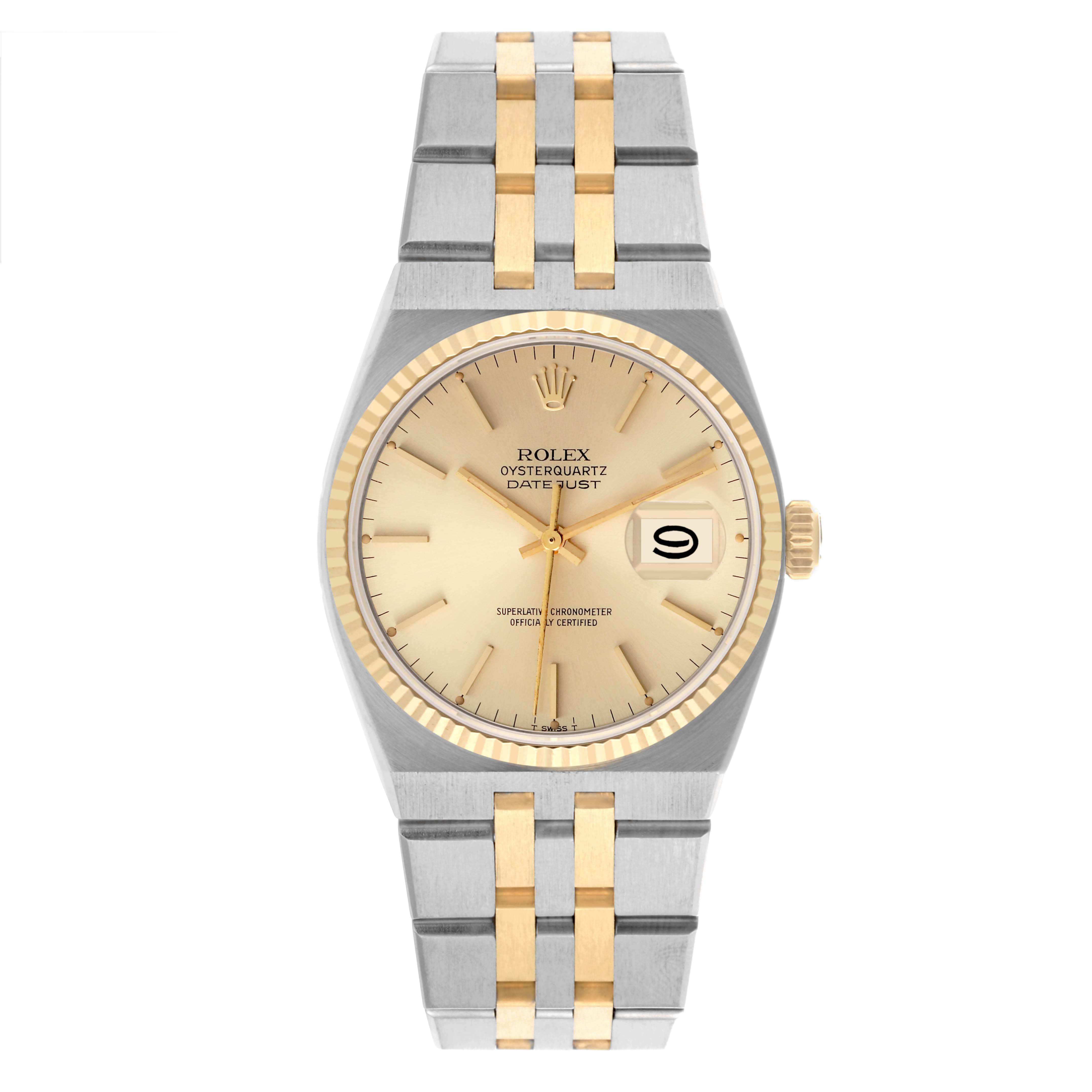 The Rolex Oysterquartz 17013 Men's Steel and Gold (two tone) Champagne Dial 17013 Men's Steel and Gold (two tone) Champagne Dial watch is shown from a top-down angle, displaying the dial, bezel, crown, and bracelet.