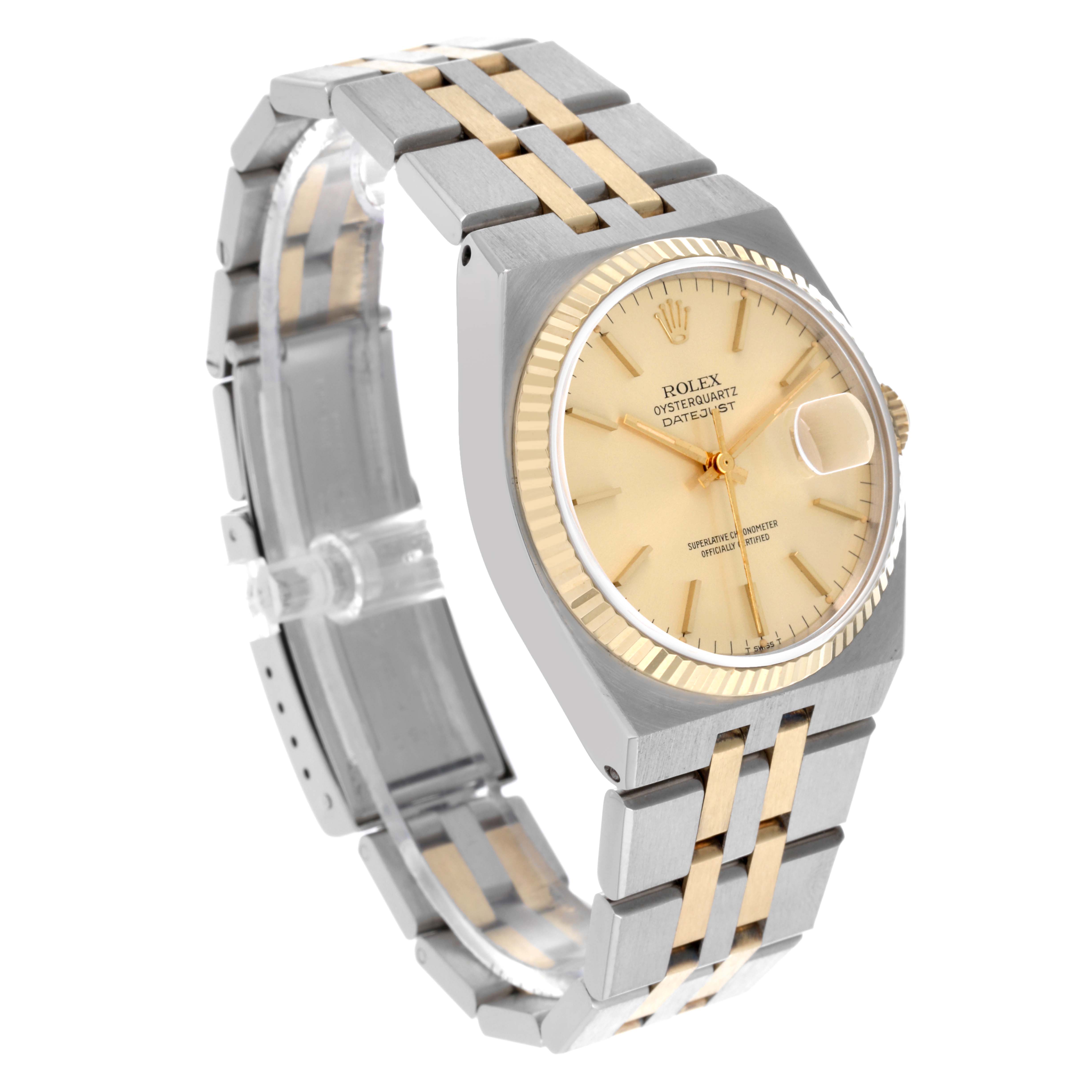 The Rolex Oysterquartz 17013 Men's Steel and Gold (two tone) Champagne Dial 17013 Men's Steel and Gold (two tone) Champagne Dial watch is shown at a three-quarters angle, highlighting the bezel, dial, and bracelet.