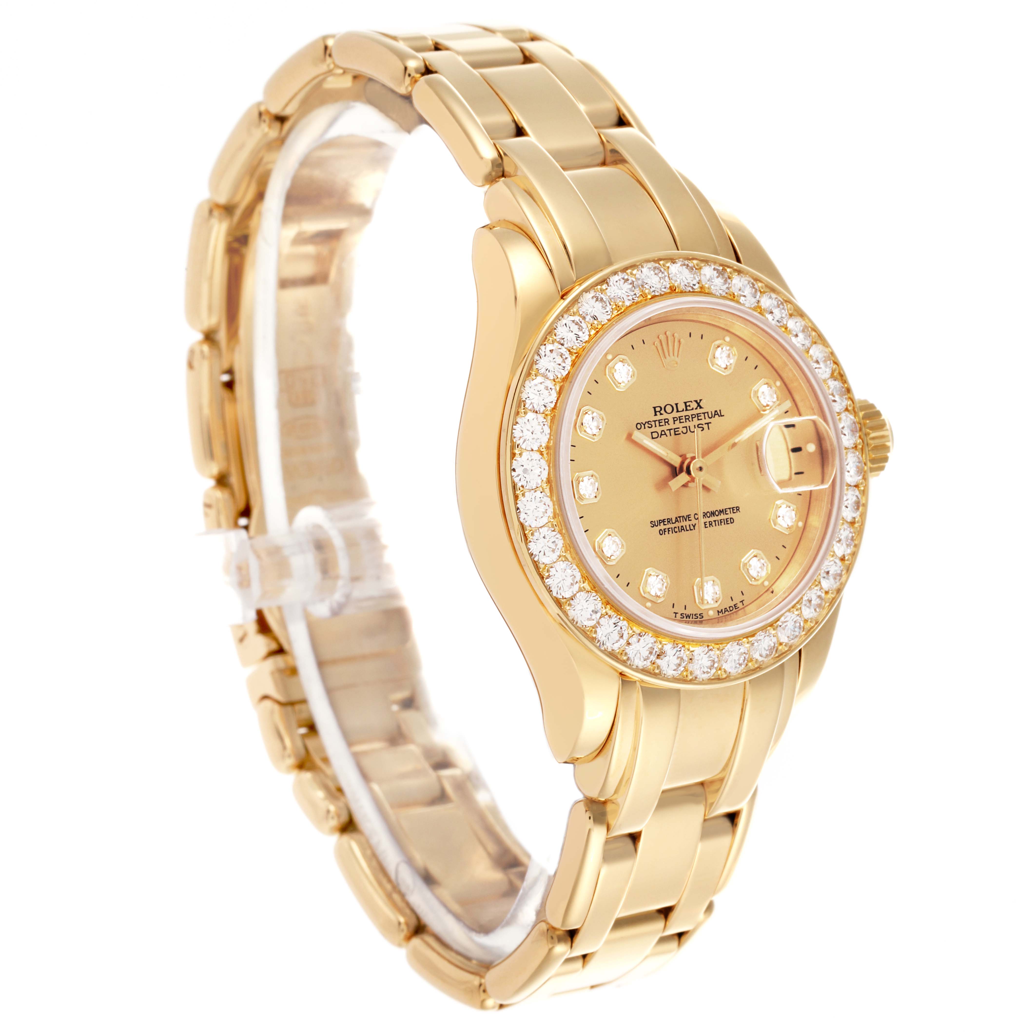 The image shows a Rolex Pearlmaster 69298 Women
s Yellow Gold Champagne Dial 69298 Women
s Yellow Gold Champagne Dial watch at a three-quarter angle, highlighting the dial, bezel, crown, and bracelet.