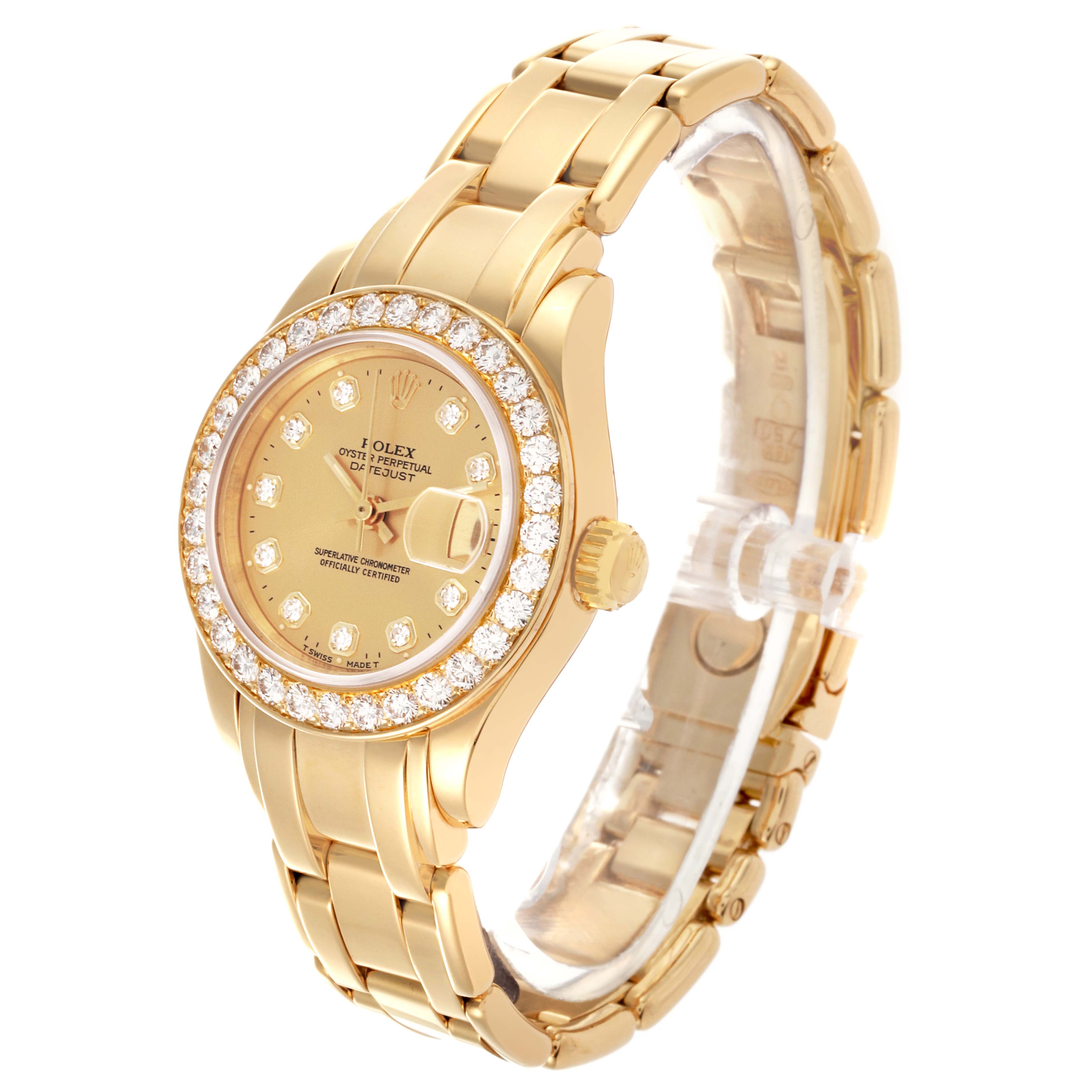 The Rolex Pearlmaster 69298 Women
s Yellow Gold Champagne Dial 69298 Women
s Yellow Gold Champagne Dial watch is shown at a three-quarter angle, displaying its face, bezel, crown, and bracelet.