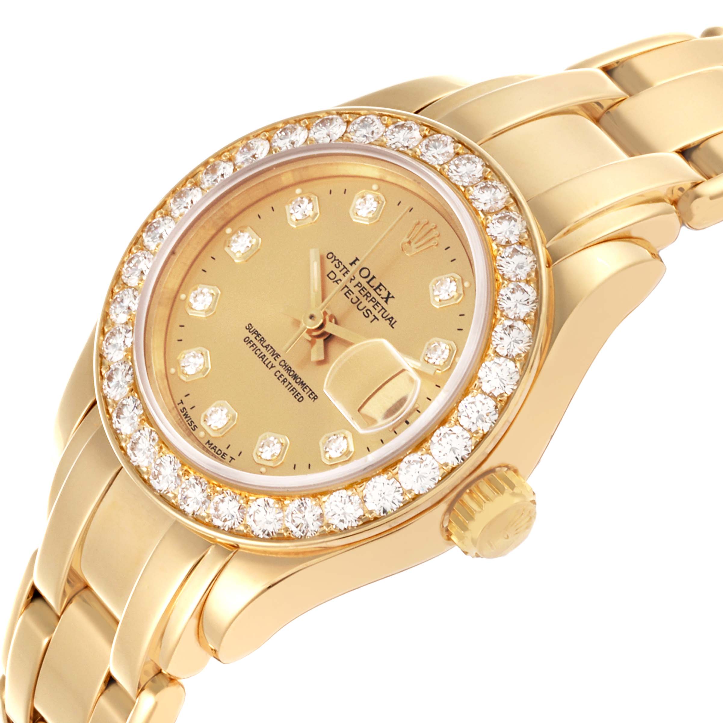 The Rolex Pearlmaster 69298 Women
s Yellow Gold Champagne Dial 69298 Women
s Yellow Gold Champagne Dial watch is shown at a tilted angle, highlighting the gold case, diamond bezel, dial, crown, and bracelet.