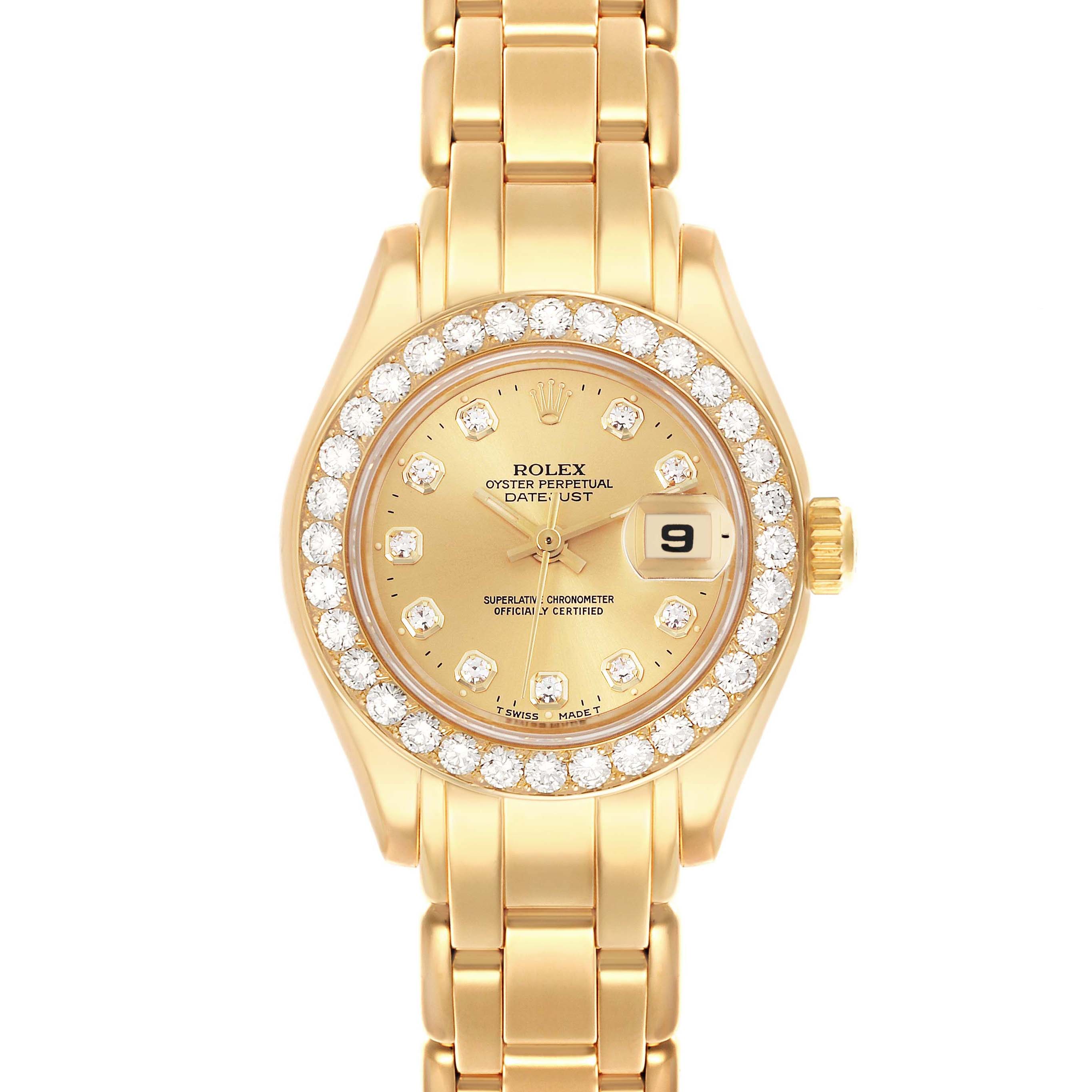 The image shows a frontal view of a Rolex Pearlmaster 69298 Women
s Yellow Gold Champagne Dial 69298 Women
s Yellow Gold Champagne Dial watch, highlighting the dial, bezel, and bracelet.