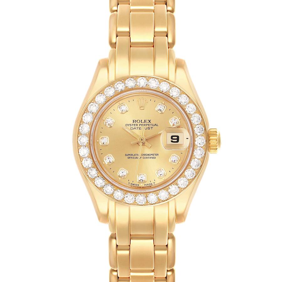 The image shows a frontal view of a Rolex Pearlmaster watch, highlighting the dial, bezel, and bracelet.