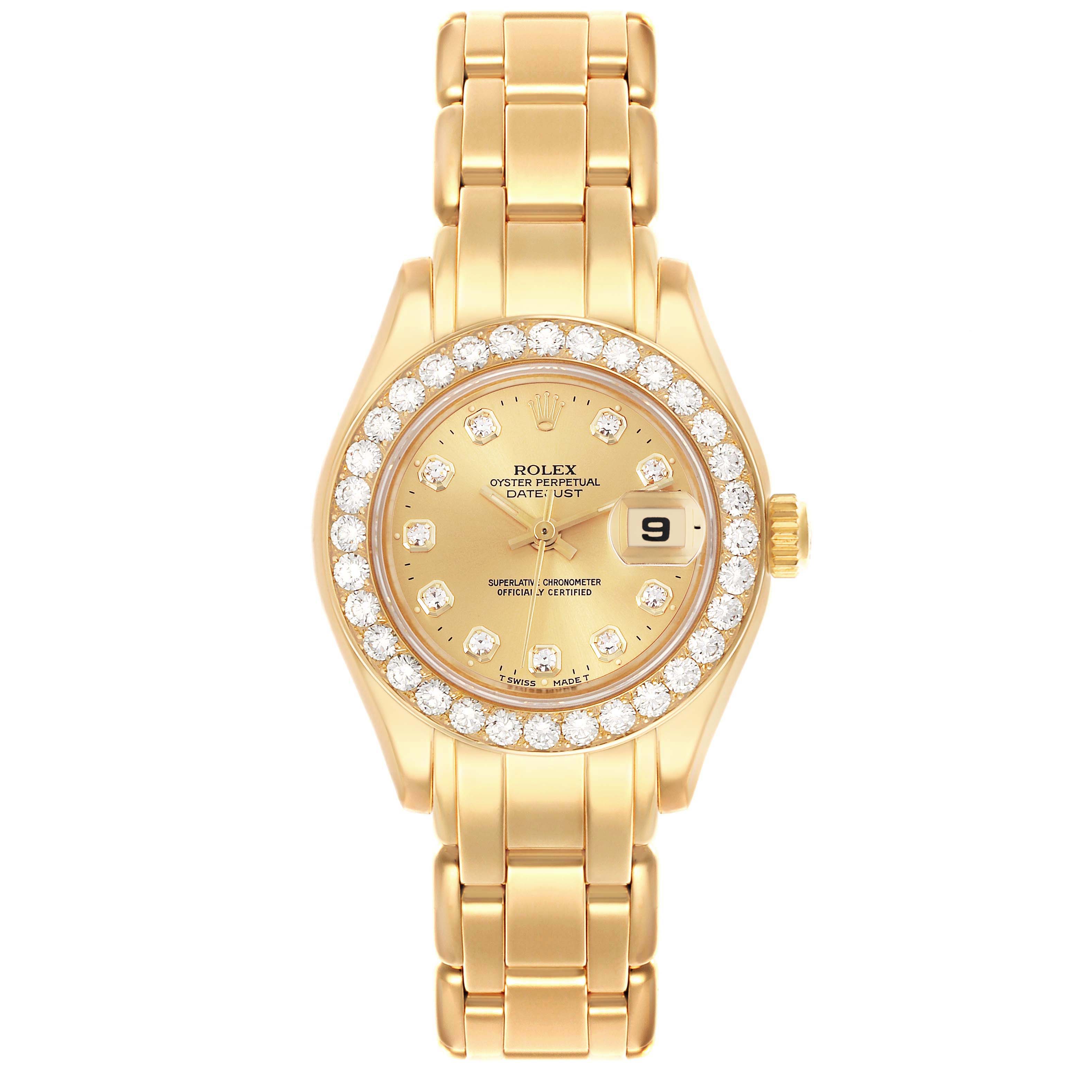 The Rolex Pearlmaster 69298 Women
s Yellow Gold Champagne Dial 69298 Women
s Yellow Gold Champagne Dial watch is shown from a front angle, highlighting the dial, bezel, and bracelet.