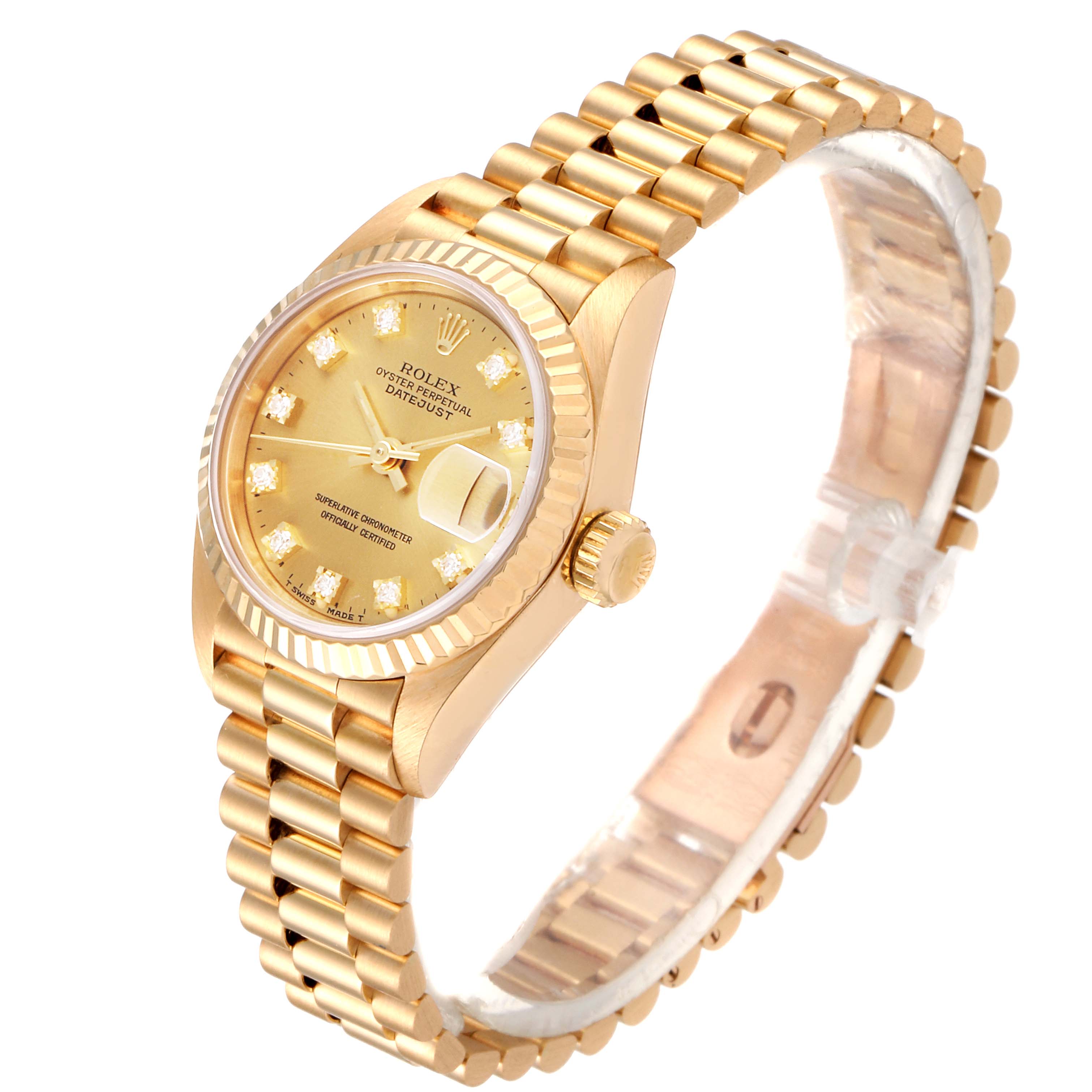 The image shows a Rolex President 69178 Women
s Yellow Gold Champagne Dial 69178 Women
s Yellow Gold Champagne Dial model watch at an angle displaying the face, bezel, crown, and bracelet.