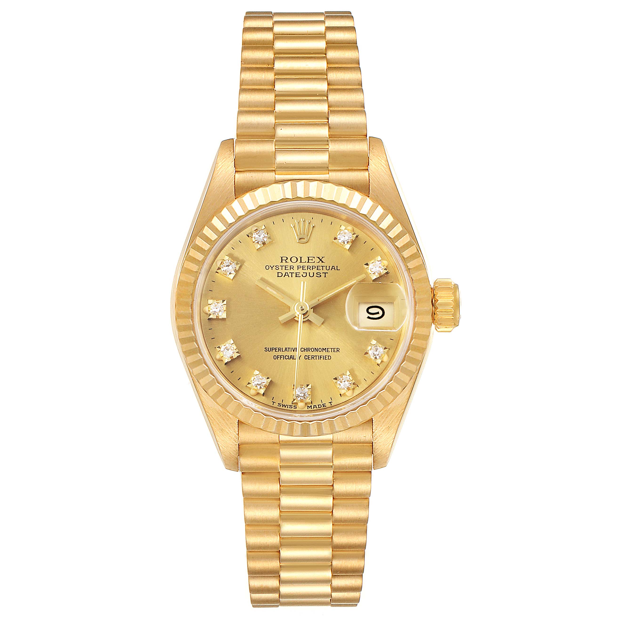 This is a frontal view of a Rolex President 69178 Women
s Yellow Gold Champagne Dial 69178 Women
s Yellow Gold Champagne Dial model watch, showing the dial, bezel, hands, and bracelet.