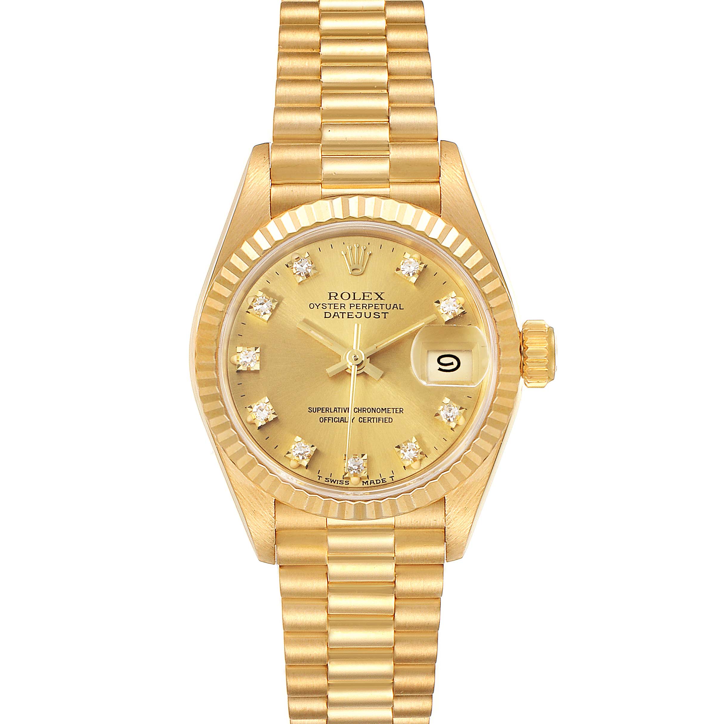 This is a frontal view of the Rolex President 69178 Women
s Yellow Gold Champagne Dial 69178 Women
s Yellow Gold Champagne Dial model, showing the gold bracelet, dial with diamond hour markers, and date window.