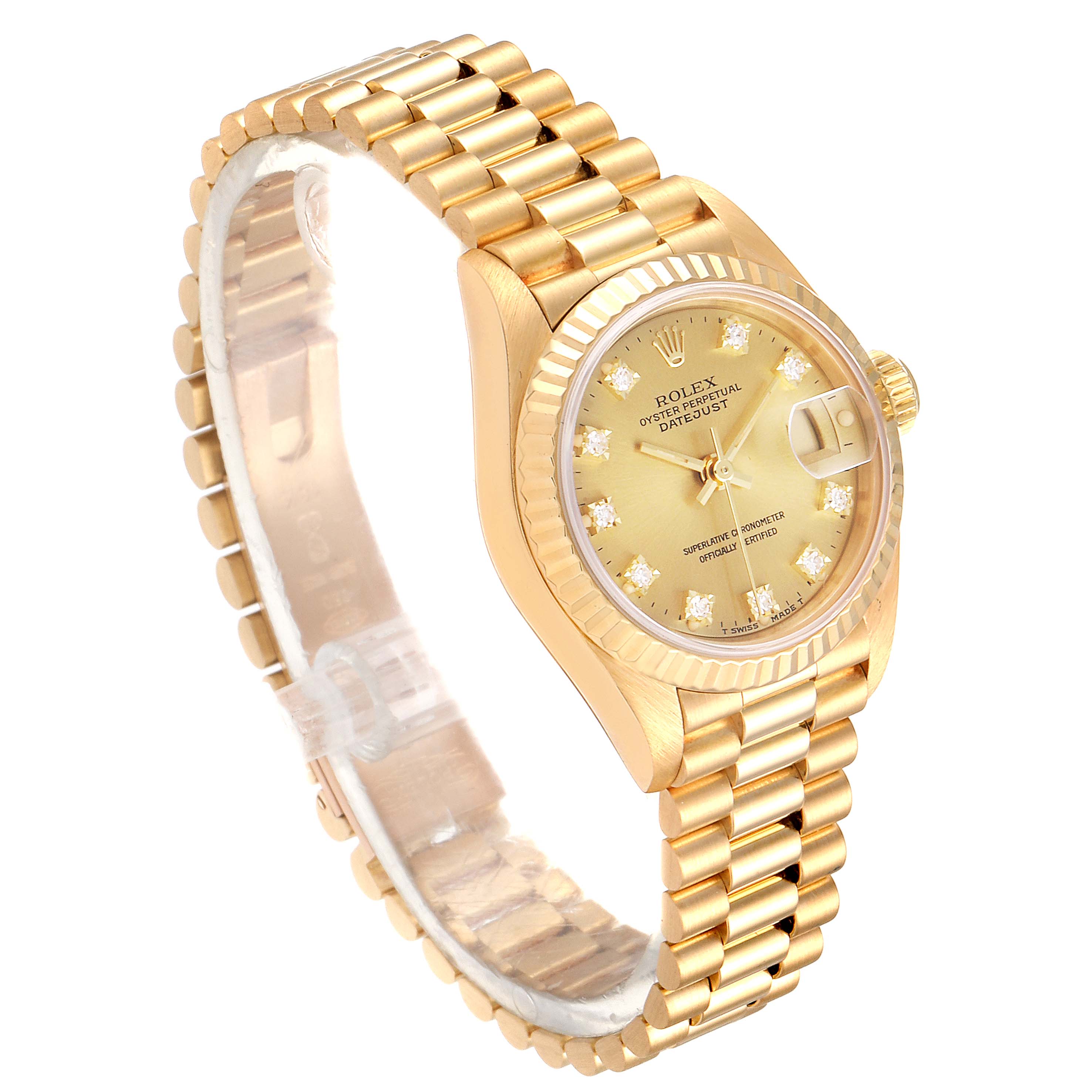 The Rolex President 69178 Women
s Yellow Gold Champagne Dial 69178 Women
s Yellow Gold Champagne Dial model watch is shown at a three-quarter angle, displaying the face, bezel, and part of the bracelet.