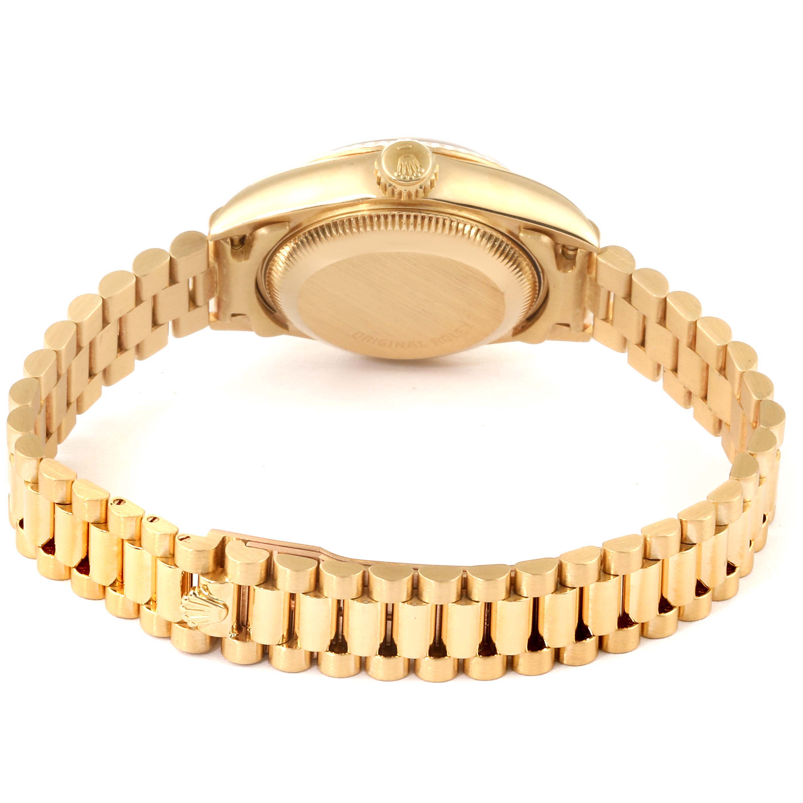 The image shows the back case and President bracelet of a Rolex President 69178 Women
s Yellow Gold Champagne Dial 69178 Women
s Yellow Gold Champagne Dial model watch, viewed from the rear angle.