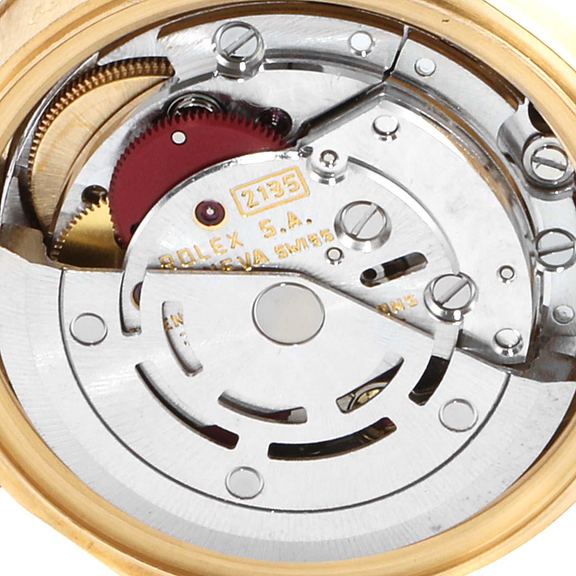 This image shows the inner mechanical movement of a Rolex President 69178 Women
s Yellow Gold Champagne Dial 69178 Women
s Yellow Gold Champagne Dial model watch at a close-up angle.