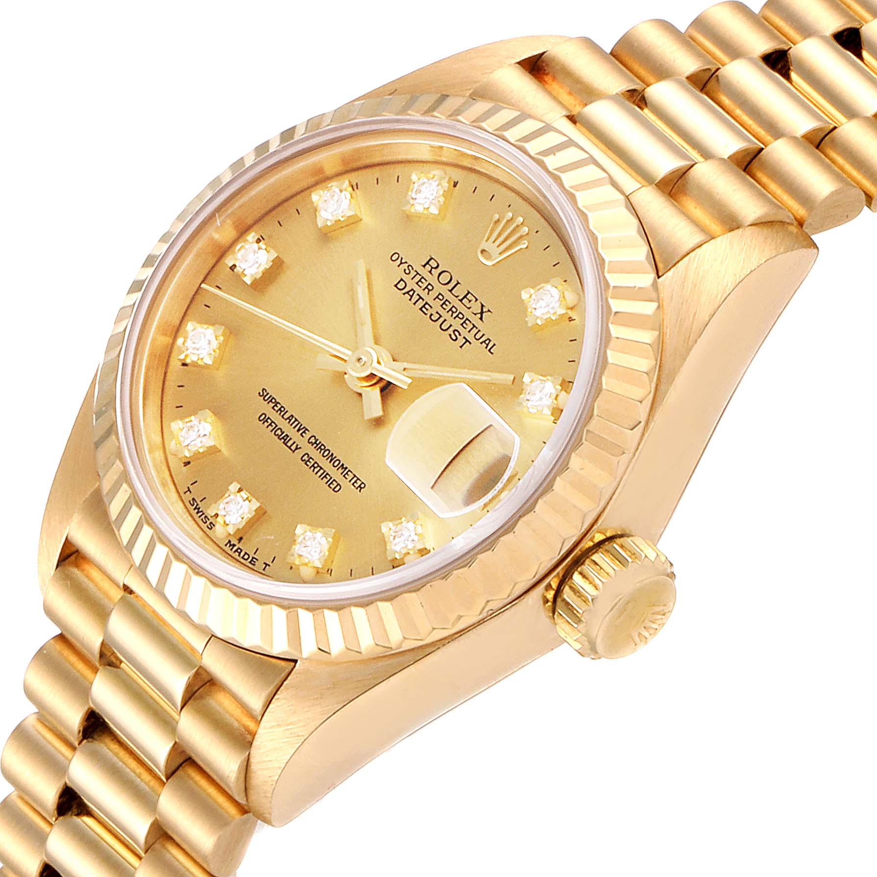 The image shows a gold Rolex President 69178 Women
s Yellow Gold Champagne Dial 69178 Women
s Yellow Gold Champagne Dial model watch at an angled close-up, highlighting the dial, bezel, bracelet, and crown.