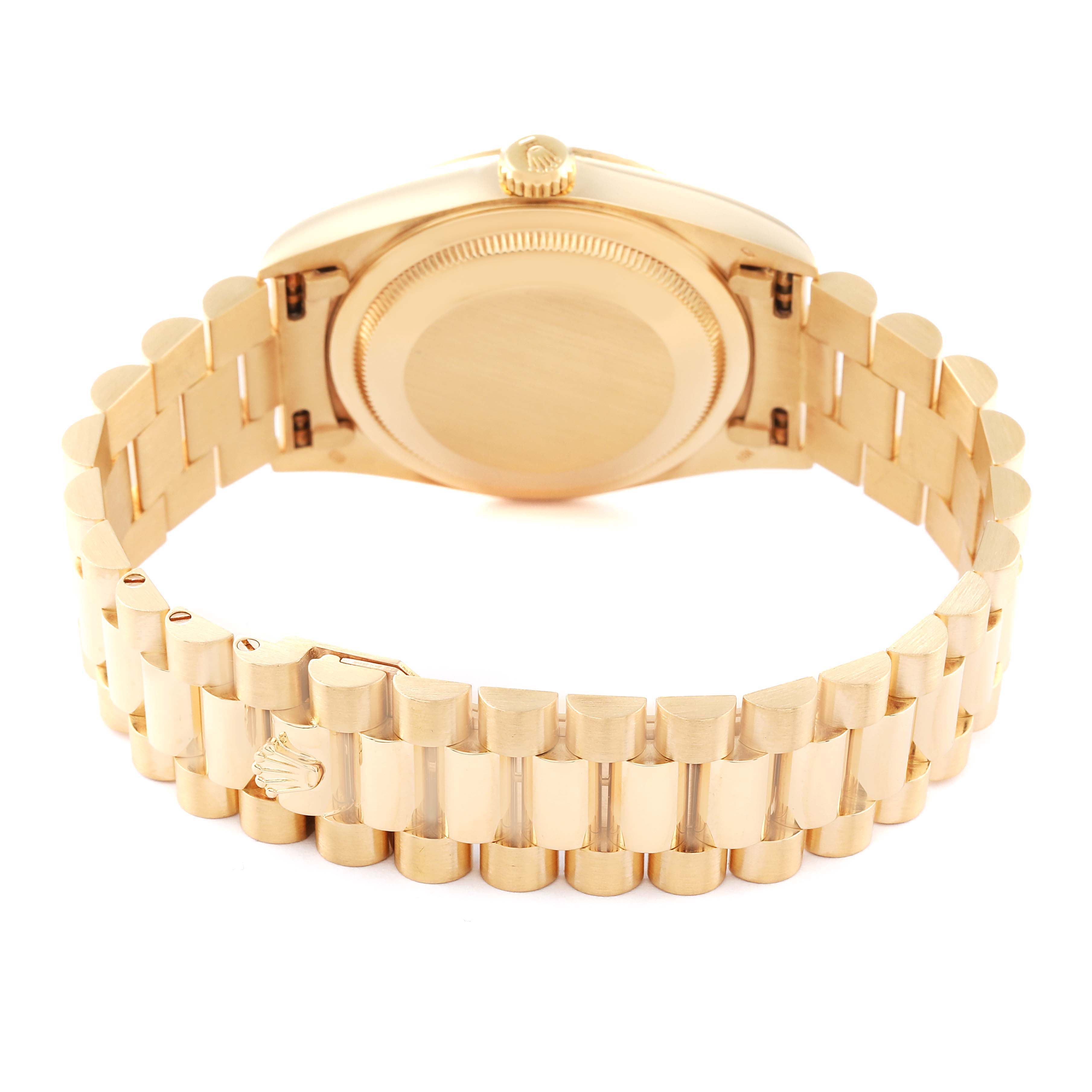 This image shows the back and bracelet of a Rolex President 18238 Men
s Yellow Gold Champagne Dial 18238 Men
s Yellow Gold Champagne Dial model watch from a rear angle.
