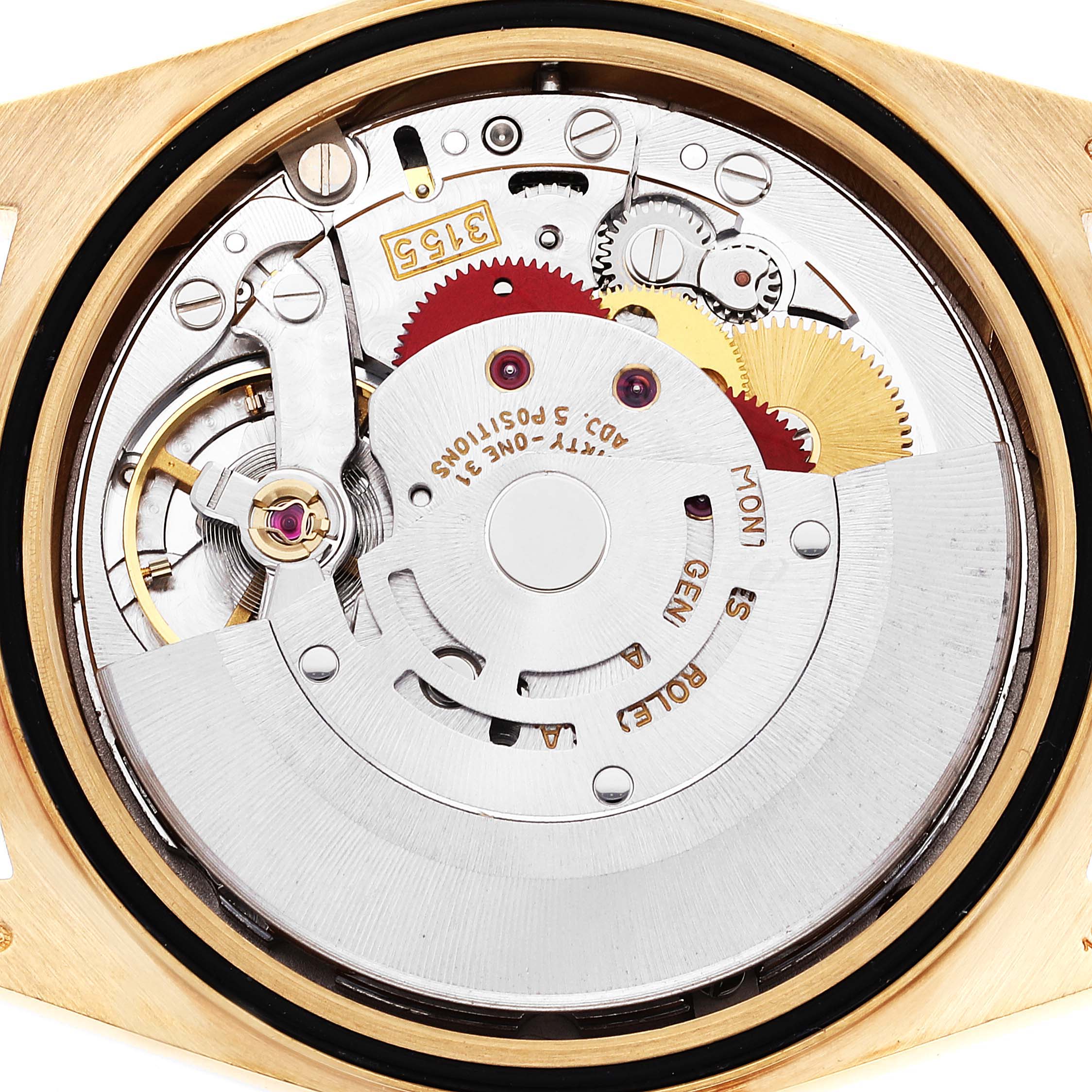 This image shows the inner mechanism of the Rolex President 18238 Men
s Yellow Gold Champagne Dial 18238 Men
s Yellow Gold Champagne Dial model watch from a back angle with its intricate gears and components visible.