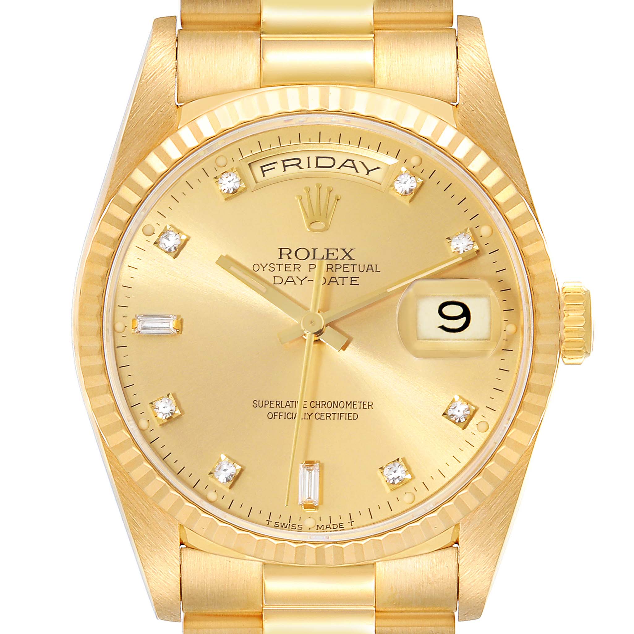 Rolex President Day-Date Yellow Gold Champagne Diamond Dial Mens Watch ...