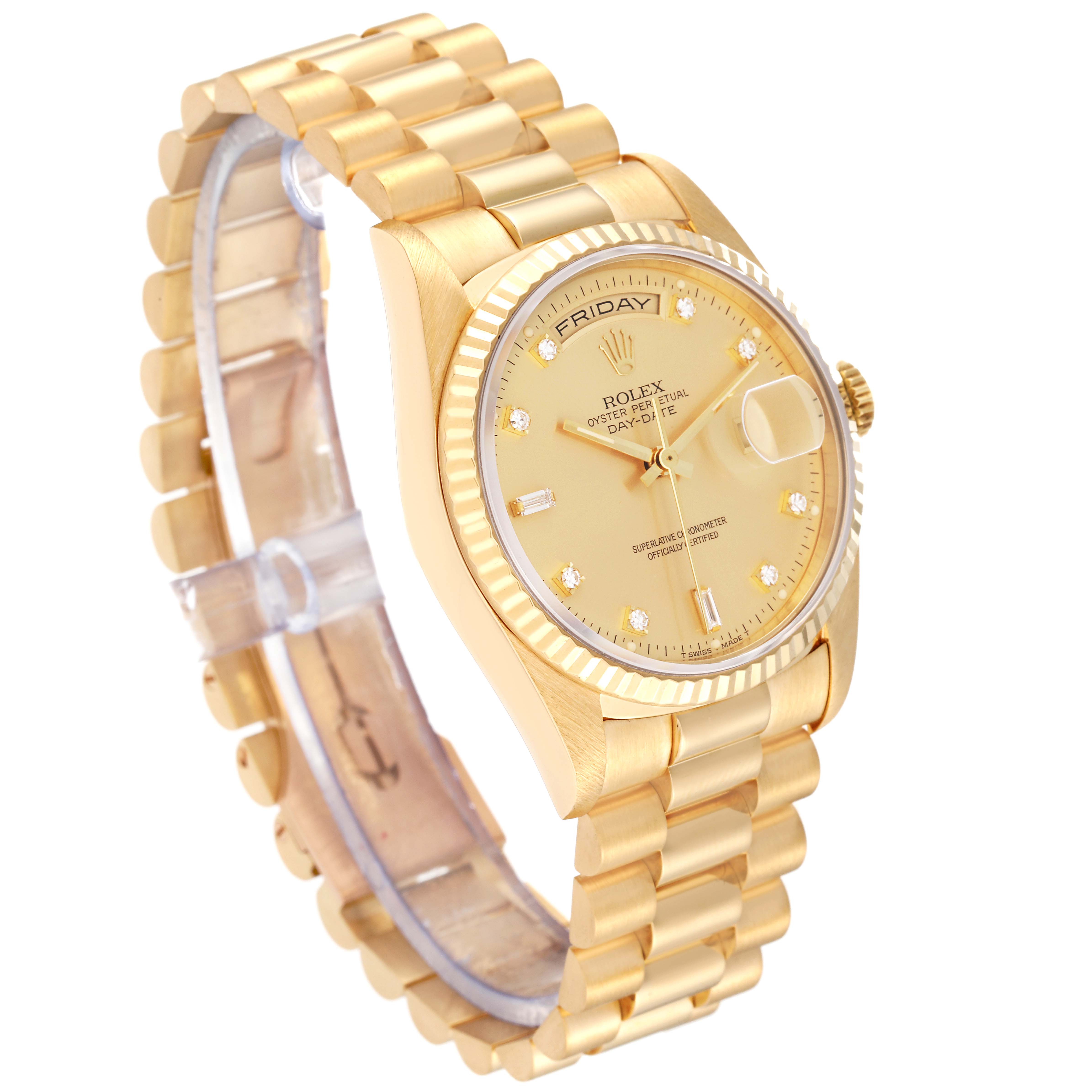 This Rolex President 18238 Men
s Yellow Gold Champagne Dial 18238 Men
s Yellow Gold Champagne Dial model watch is shown from a front angle, displaying the face, bracelet, and crown.