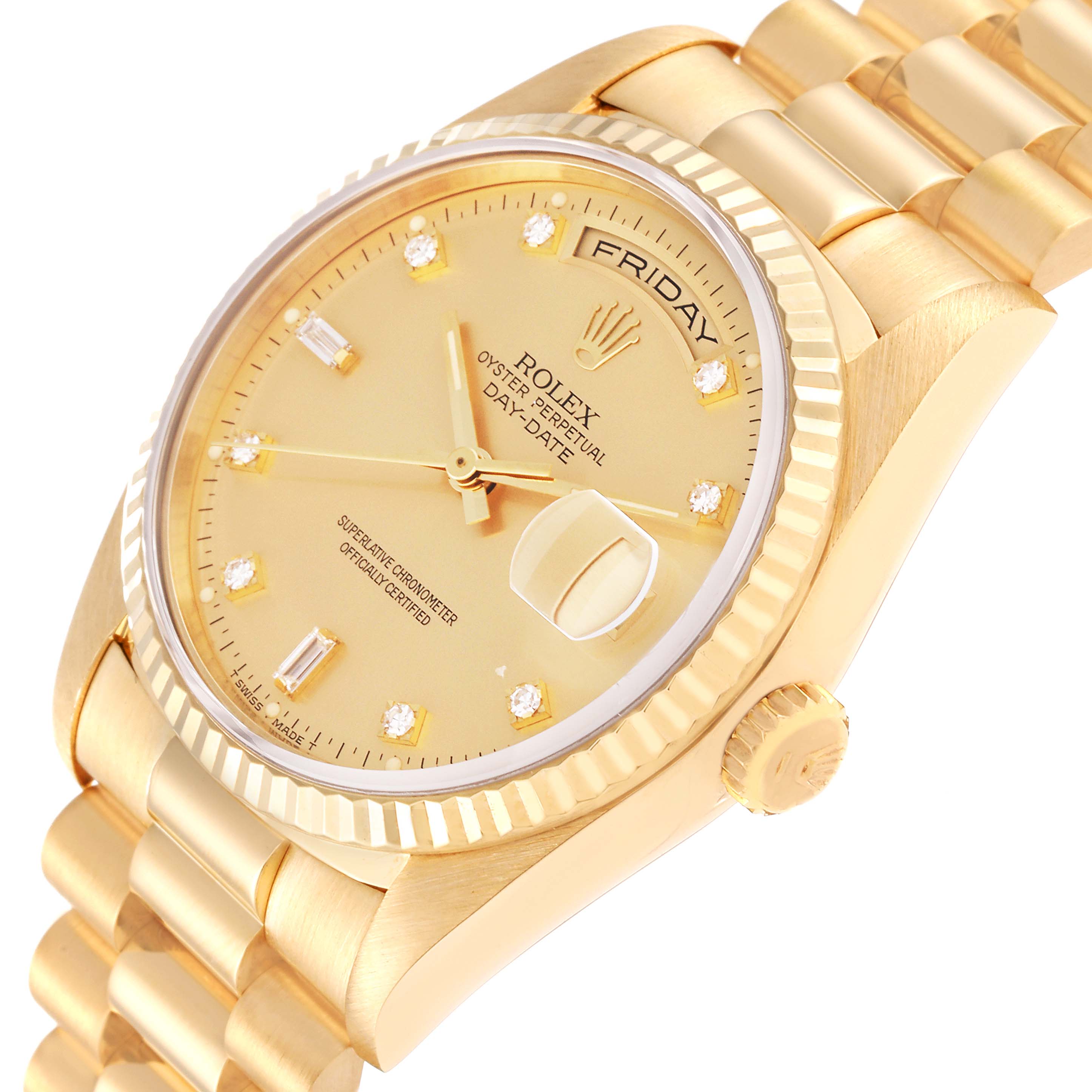 The image shows a Rolex President 18238 Men
s Yellow Gold Champagne Dial 18238 Men
s Yellow Gold Champagne Dial model watch from an oblique angle highlighting the dial, bezel, crown, and part of the bracelet.