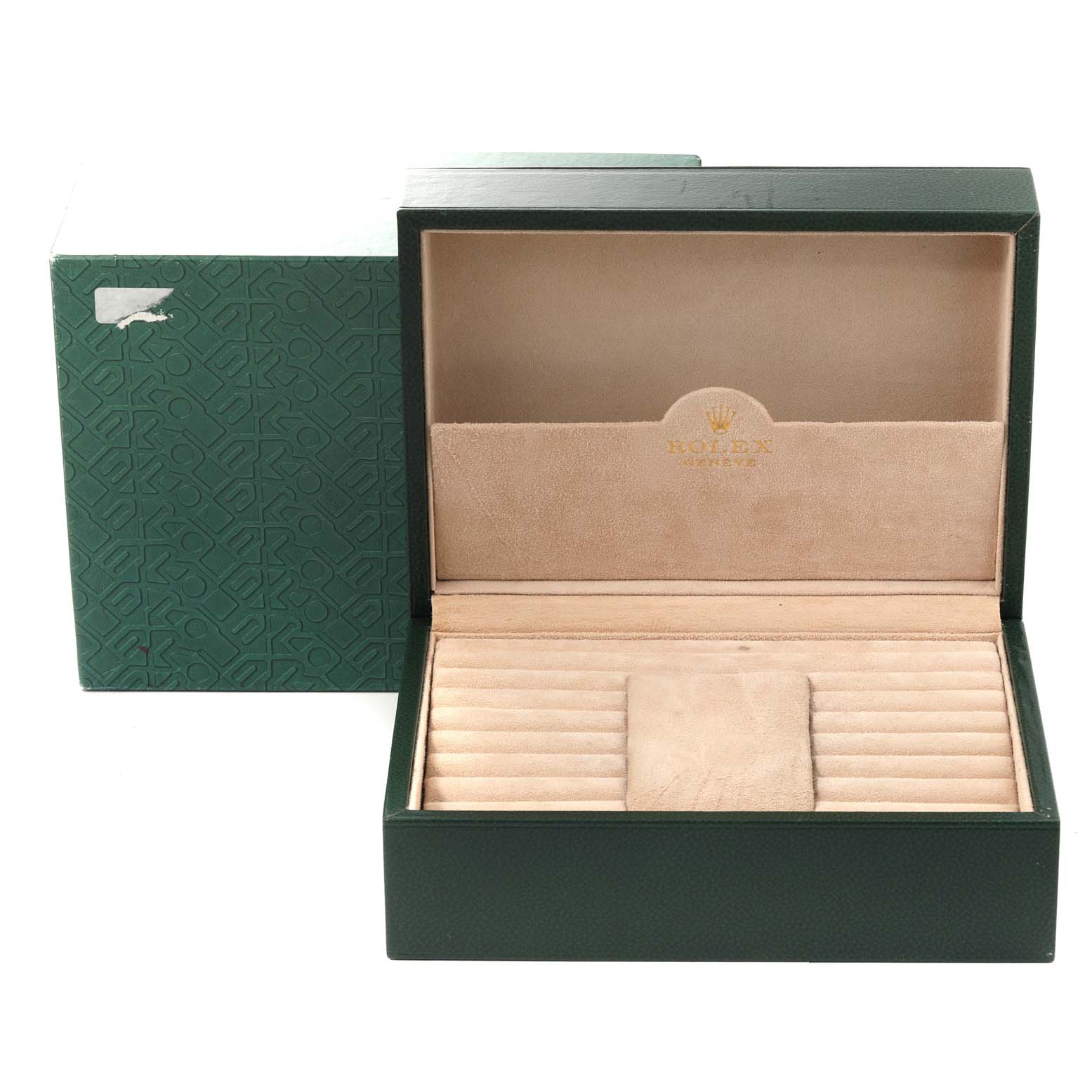 The image shows an open Rolex watch box for the President model, highlighting the interior compartments and the lid with the Rolex logo.