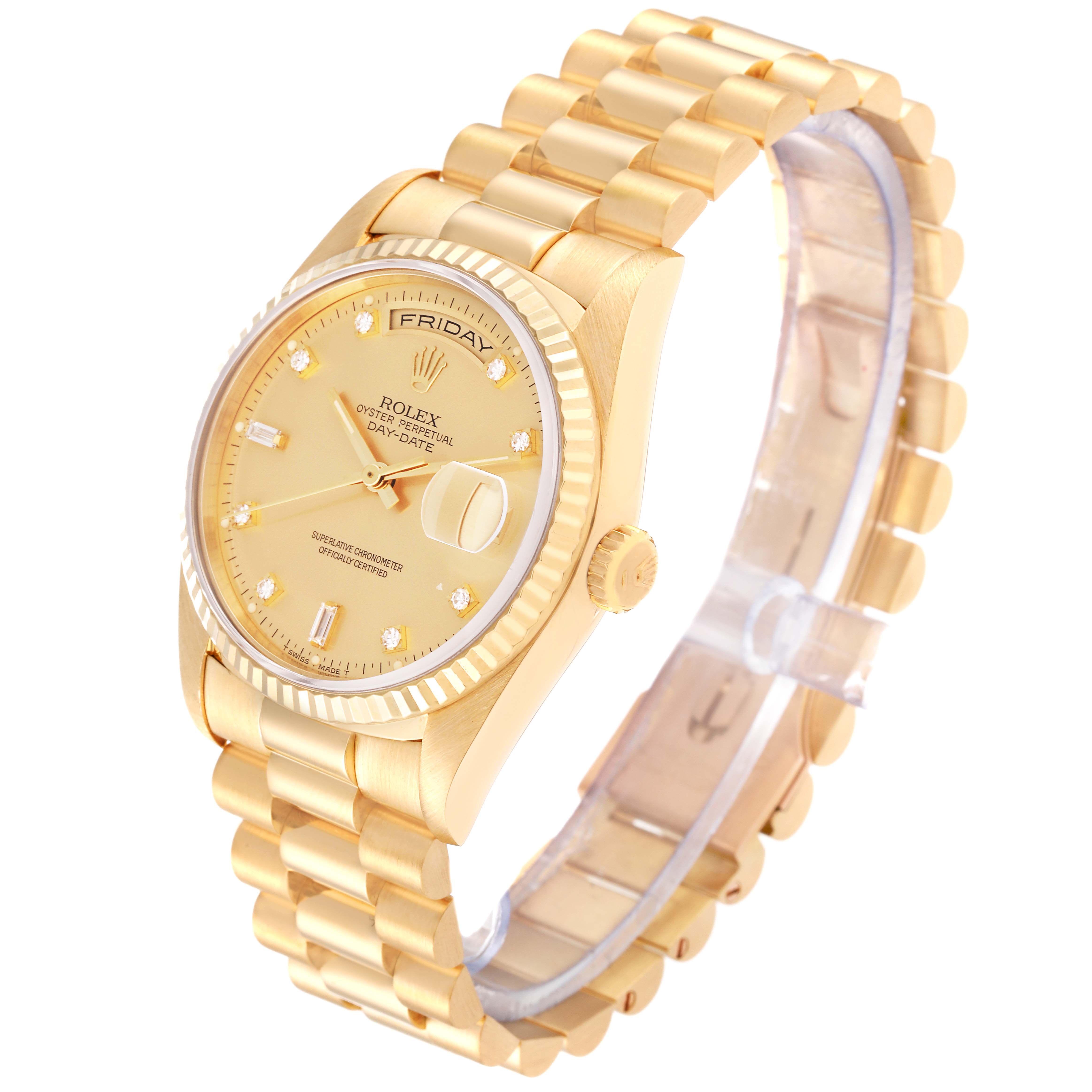 The image displays a Rolex President 18238 Men
s Yellow Gold Champagne Dial 18238 Men
s Yellow Gold Champagne Dial model watch at a three-quarter angle, showing the face, bezel, crown, and bracelet.