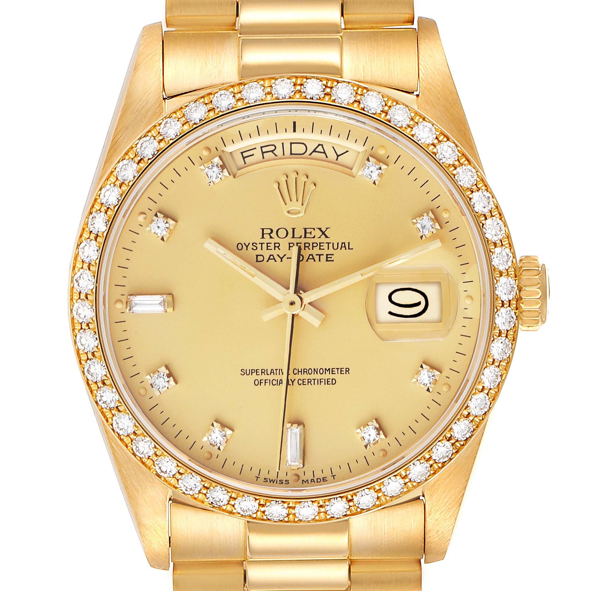 The Rolex President 18048 Men
s Yellow Gold Champagne Dial 18048 Men
s Yellow Gold Champagne Dial model watch is shown from the front, displaying the face, bezel, day-date windows, and part of the bracelet.