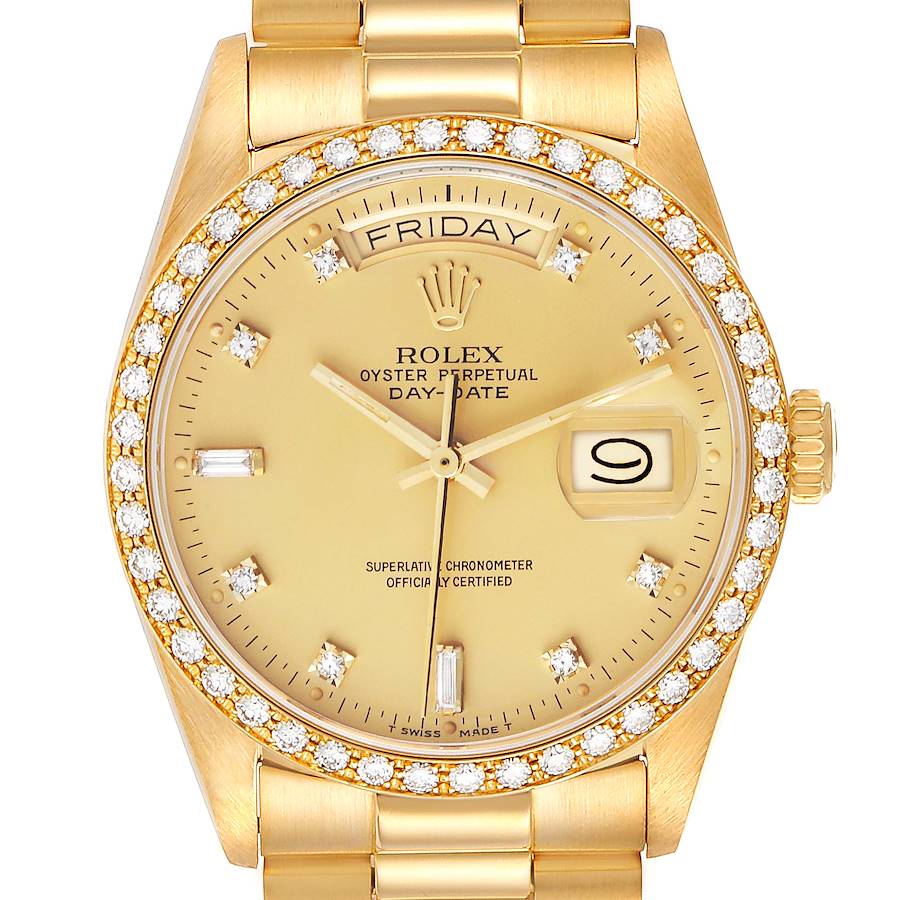 The Rolex President model watch is shown from the front, displaying the face, bezel, day-date windows, and part of the bracelet.