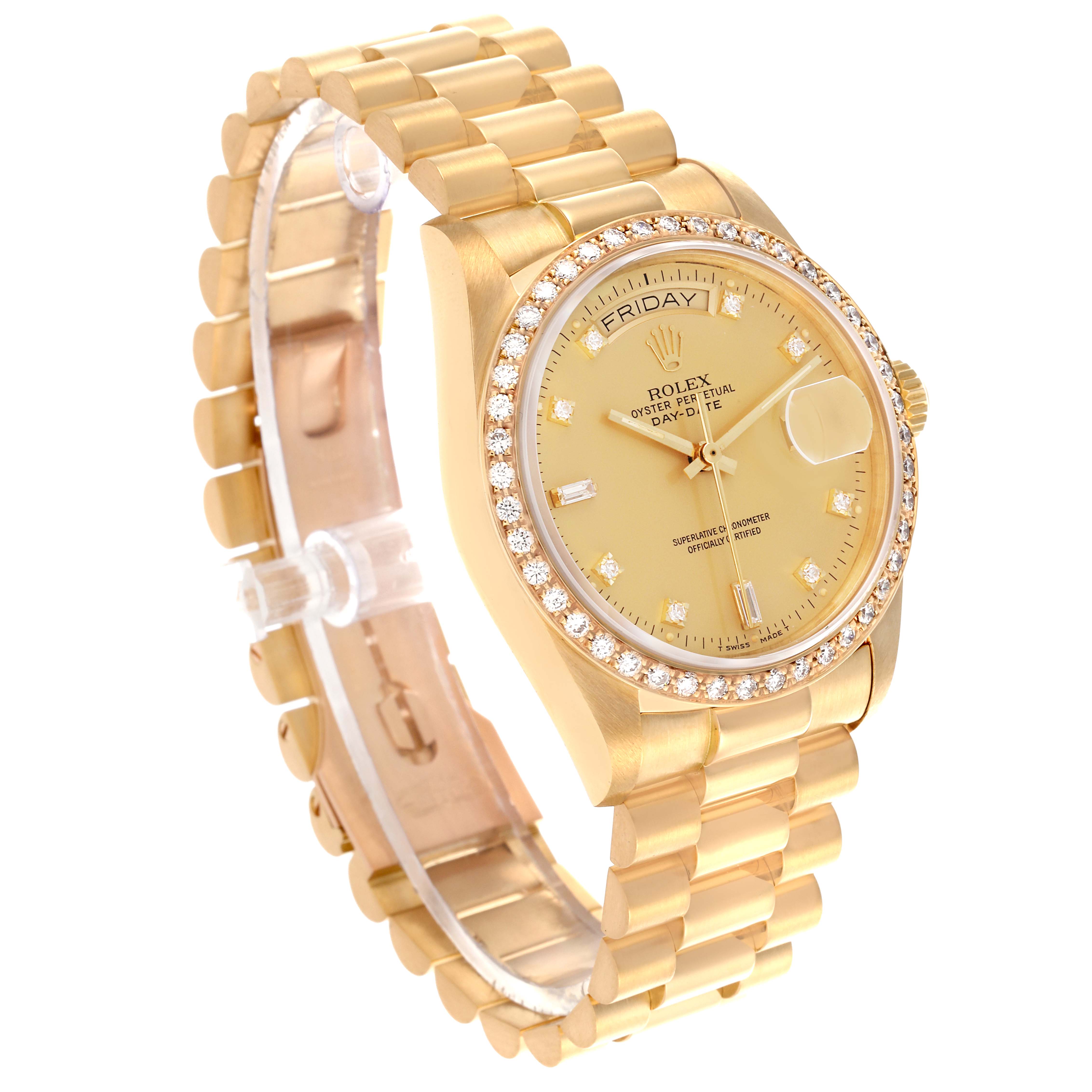 The Rolex President 18048 Men
s Yellow Gold Champagne Dial 18048 Men
s Yellow Gold Champagne Dial watch is shown at a three-quarter angle, highlighting the dial, bracelet, and diamond bezel.