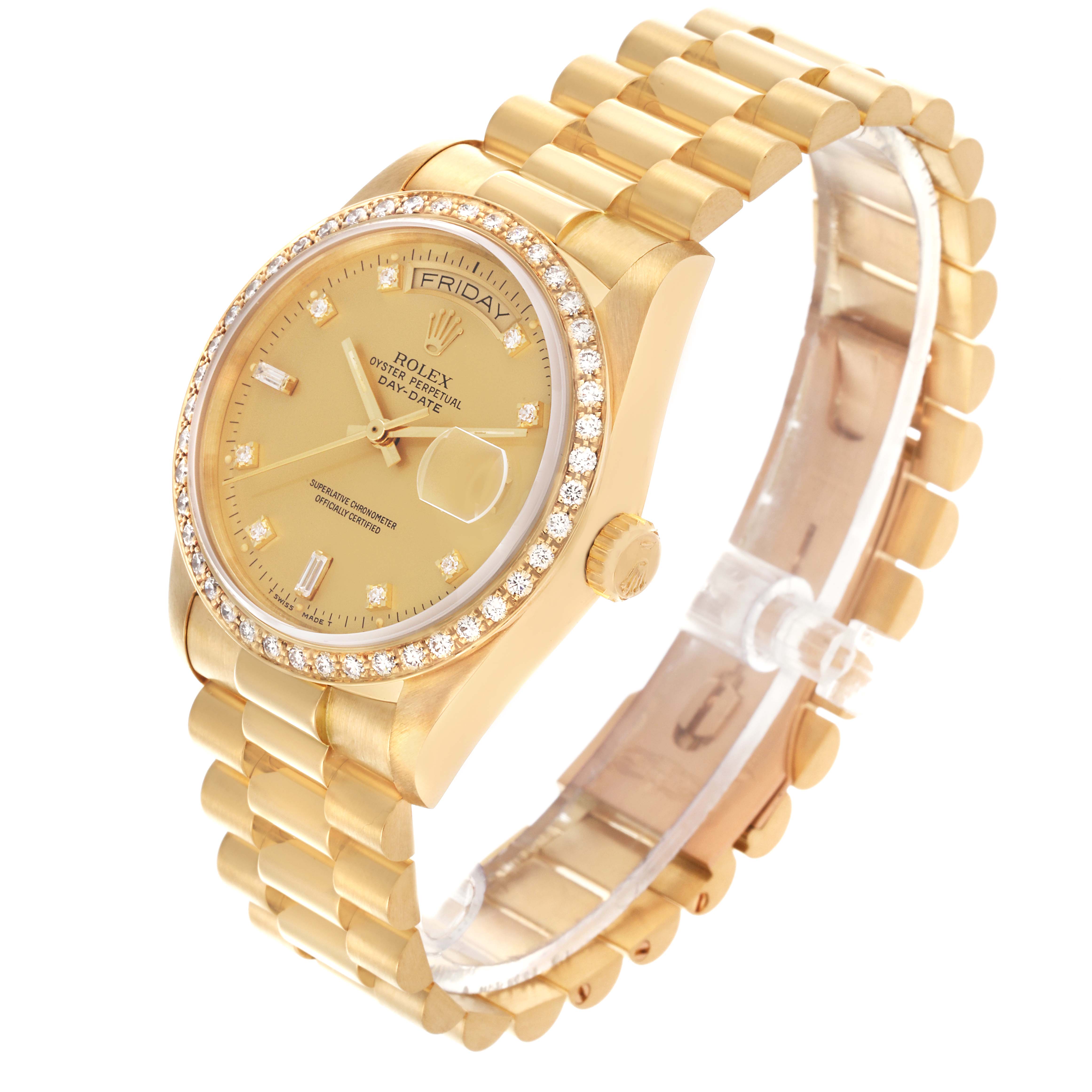 The Rolex President 18048 Men
s Yellow Gold Champagne Dial 18048 Men
s Yellow Gold Champagne Dial watch is shown from an angled side view, highlighting the dial, bezel, crown, and bracelet.