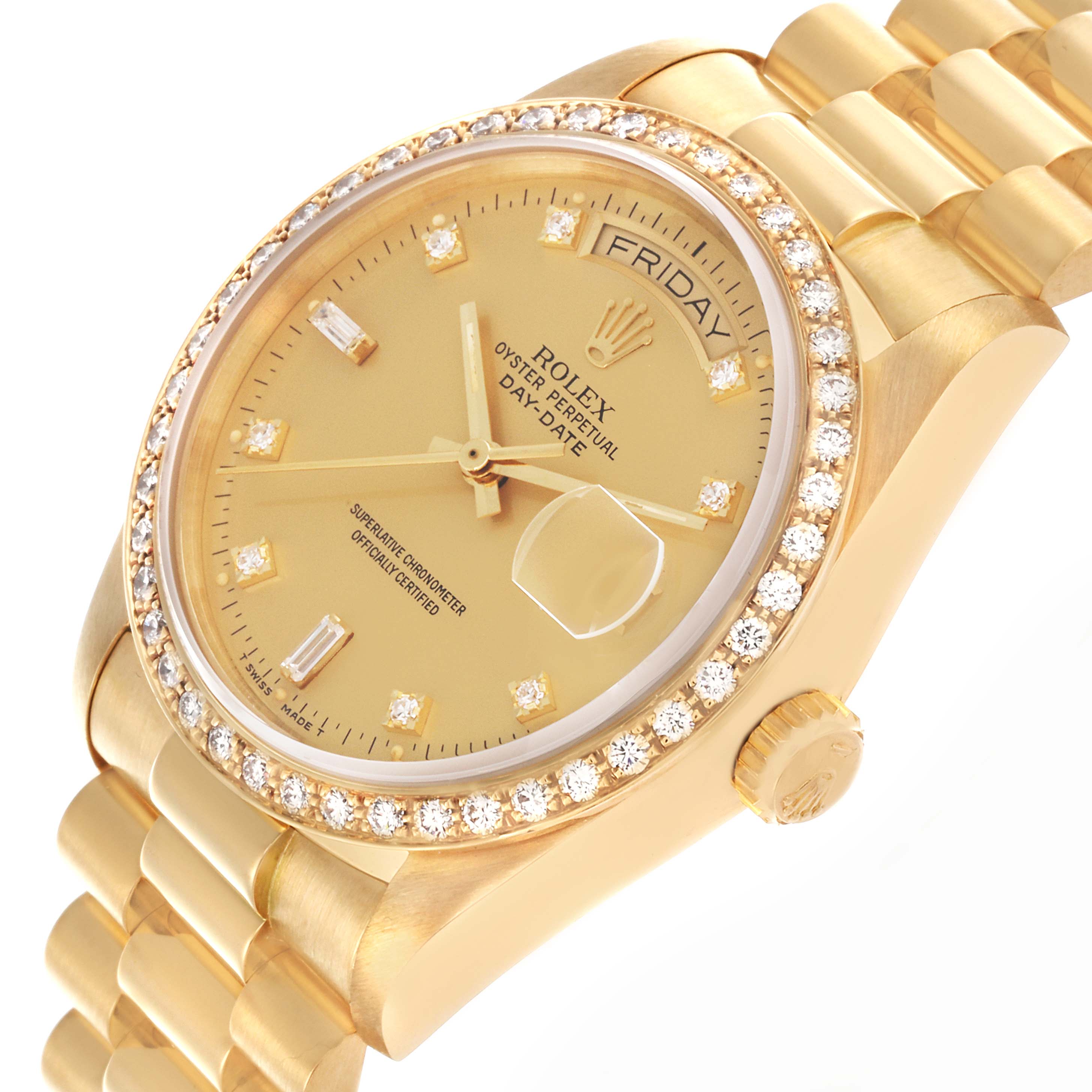 The Rolex President 18048 Men
s Yellow Gold Champagne Dial 18048 Men
s Yellow Gold Champagne Dial watch is shown at an angled view, highlighting the dial, diamond bezel, and part of the bracelet.