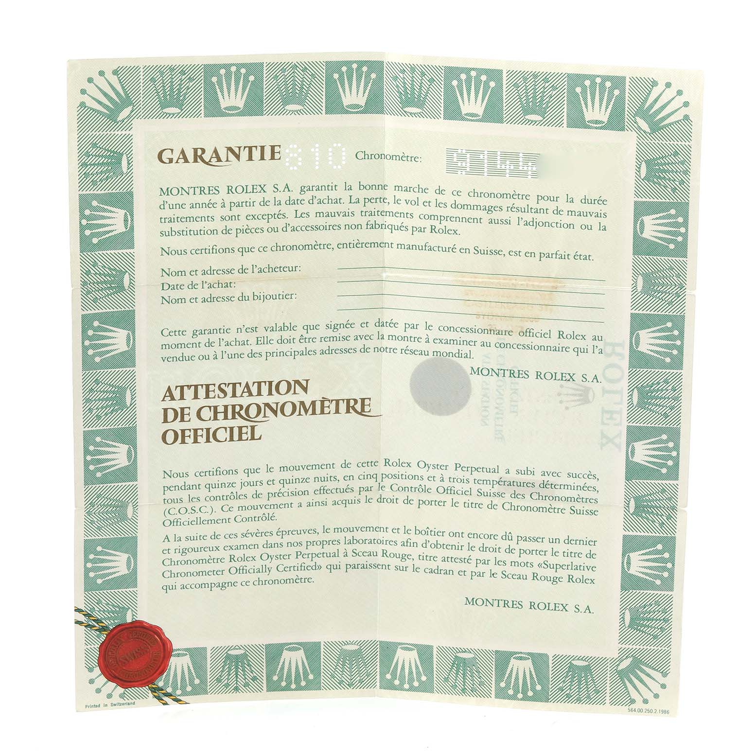 The image shows a warranty certificate for a Rolex President 18048 Men
s Yellow Gold Champagne Dial 18048 Men
s Yellow Gold Champagne Dial model, featuring text and the Rolex logo.