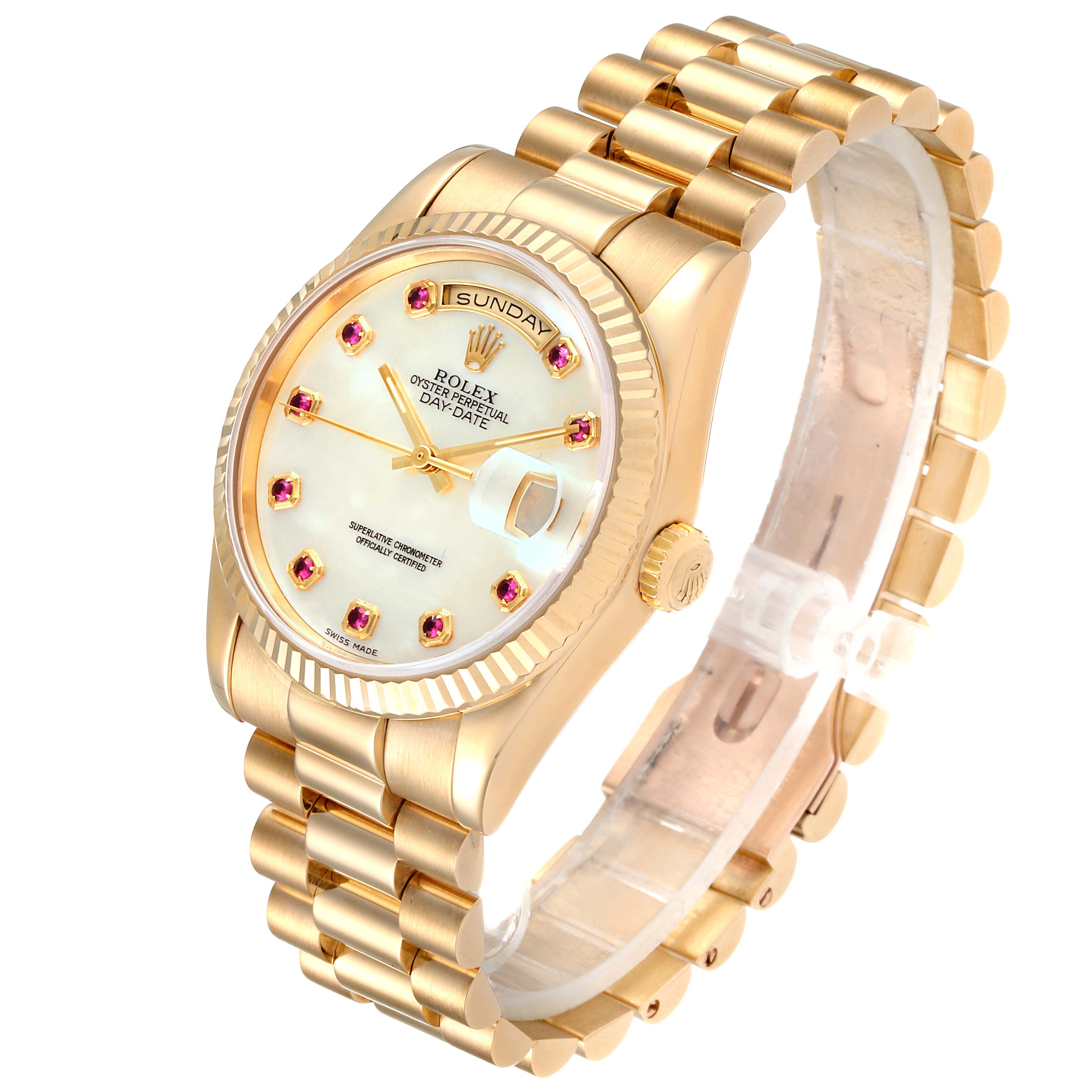 This image shows a gold Rolex President 118238 Men's Yellow Gold Mother of Pearl Dial 118238 Men's Yellow Gold Mother of Pearl Dial model watch at an angle, highlighting its face, bracelet, crown, and day/date indicators.