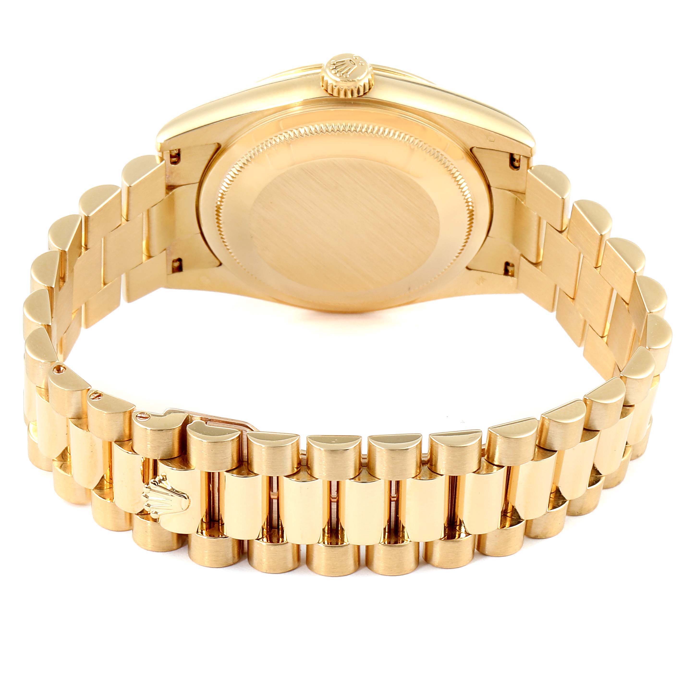 The image shows the back case and bracelet of a Rolex President 118238 Men's Yellow Gold Mother of Pearl Dial 118238 Men's Yellow Gold Mother of Pearl Dial model watch, highlighting its gold links and clasp.