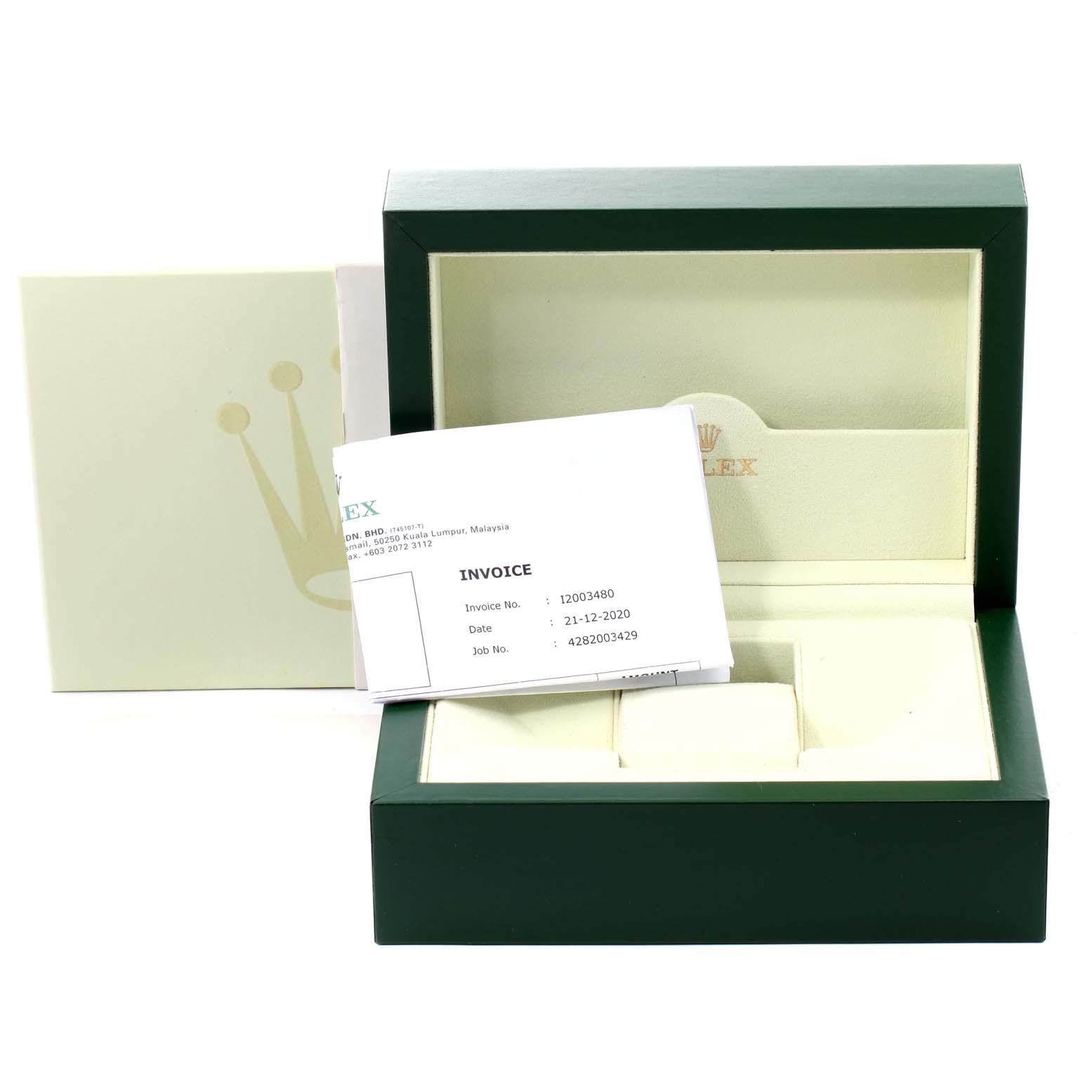 This image shows the packaging and invoice for a Rolex President 118238 Men's Yellow Gold Mother of Pearl Dial 118238 Men's Yellow Gold Mother of Pearl Dial model watch, including the watch box and an outer cover.