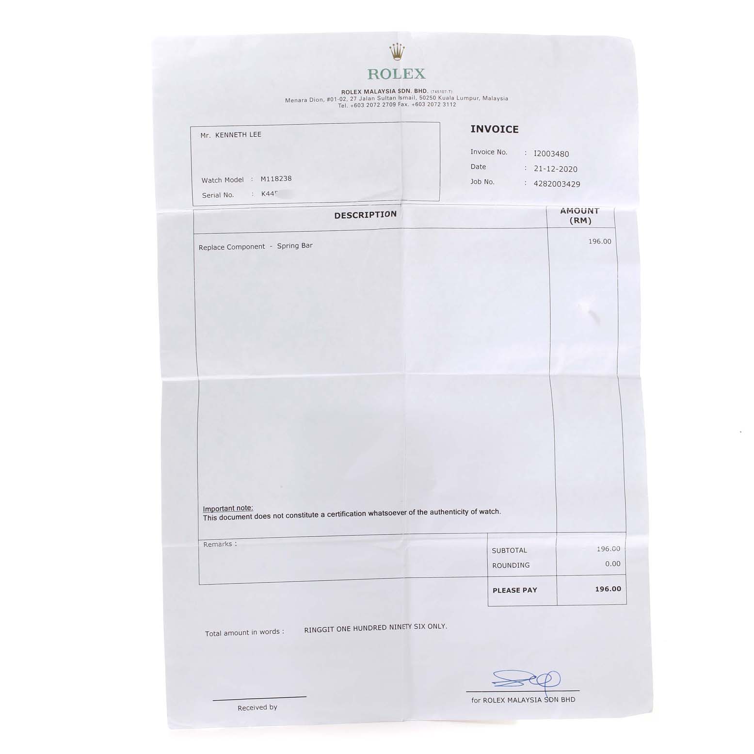 The image shows an invoice for a Rolex President 118238 Men's Yellow Gold Mother of Pearl Dial 118238 Men's Yellow Gold Mother of Pearl Dial model M18238, detailing the replacement of a spring bar.