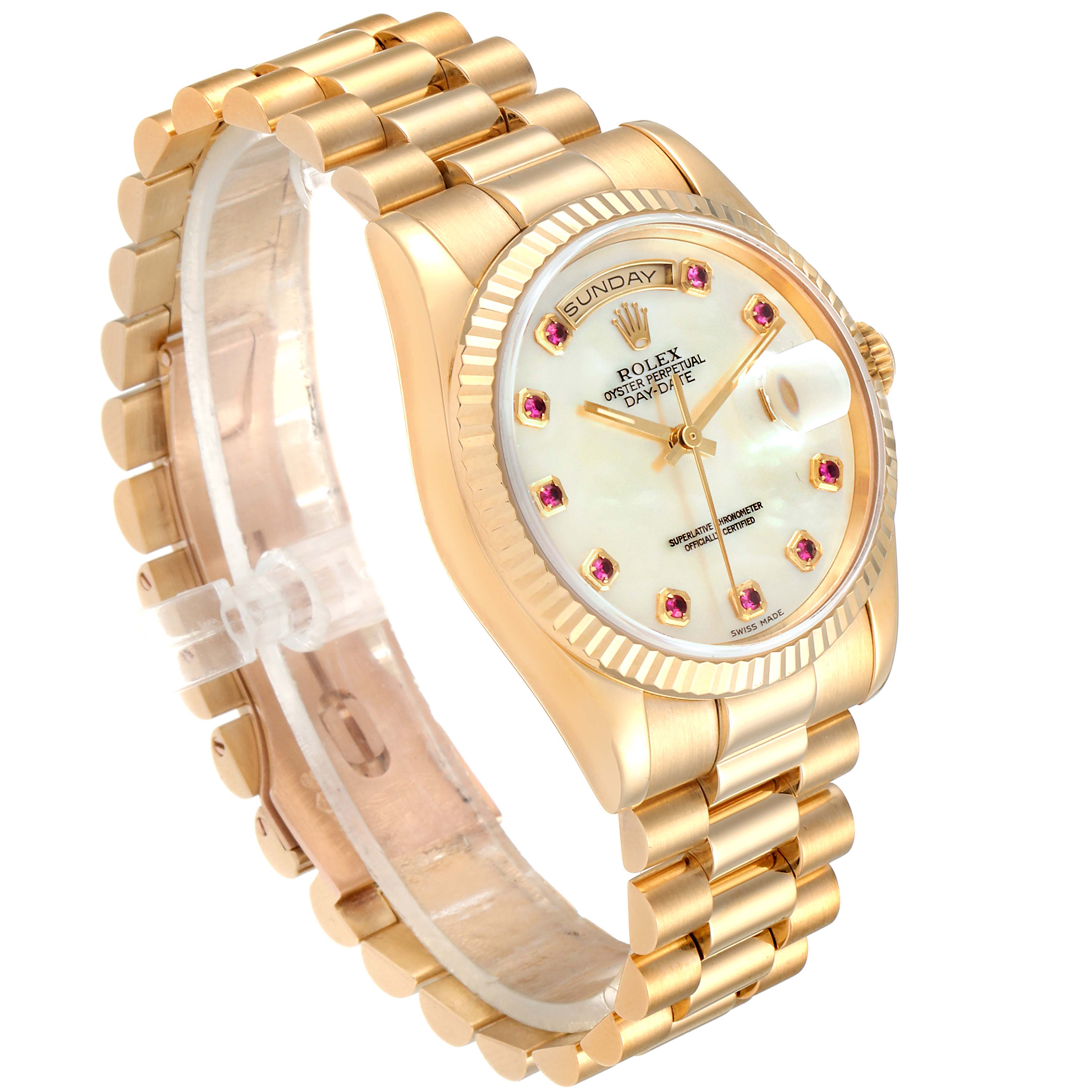 The Rolex President 118238 Men's Yellow Gold Mother of Pearl Dial 118238 Men's Yellow Gold Mother of Pearl Dial model watch is shown from a front-left angle, displaying the dial, bracelet, and case.