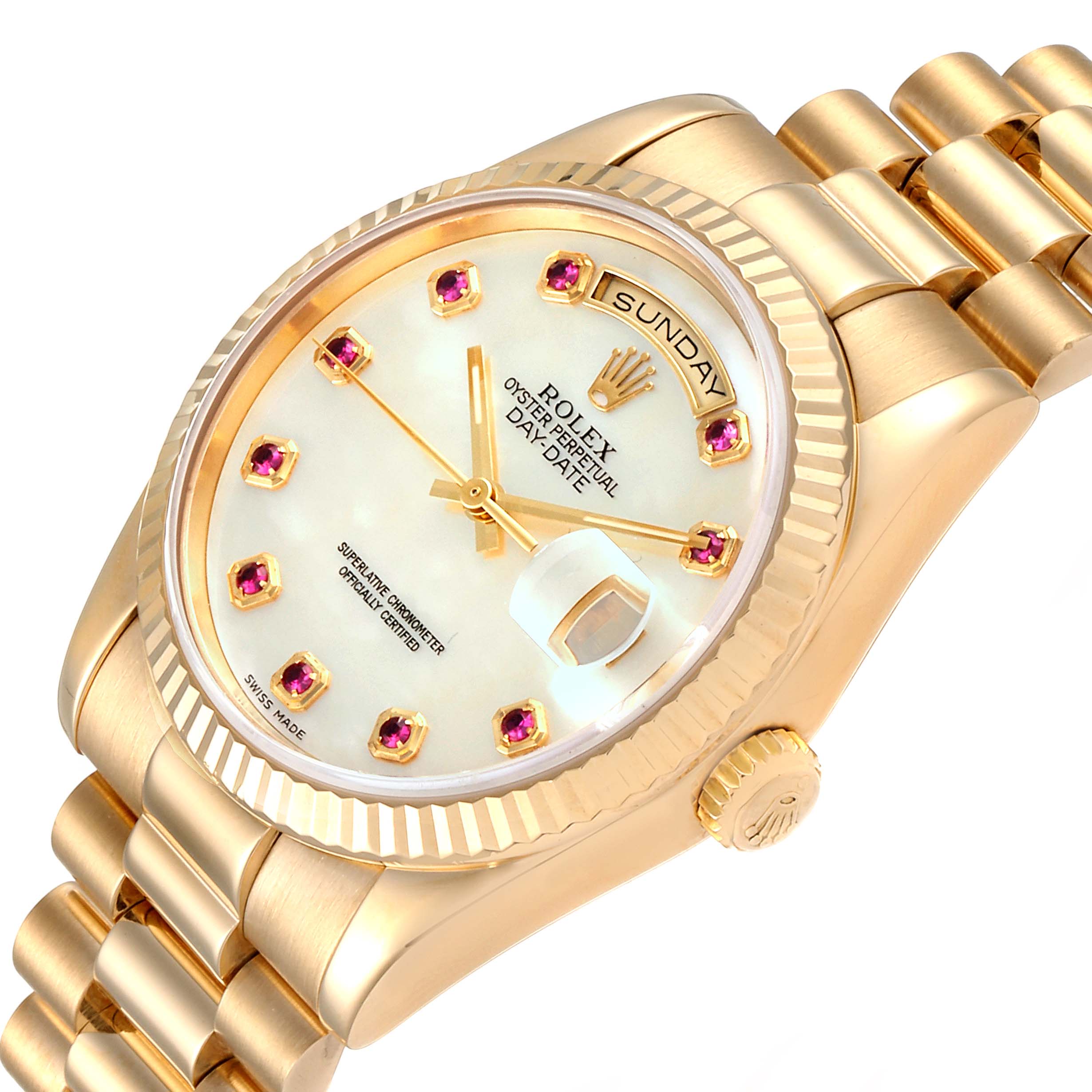 The image shows a close-up angled view of the Rolex President 118238 Men's Yellow Gold Mother of Pearl Dial 118238 Men's Yellow Gold Mother of Pearl Dial Oyster Perpetual Day-Date watch, showcasing the face, bezel, and bracelet.