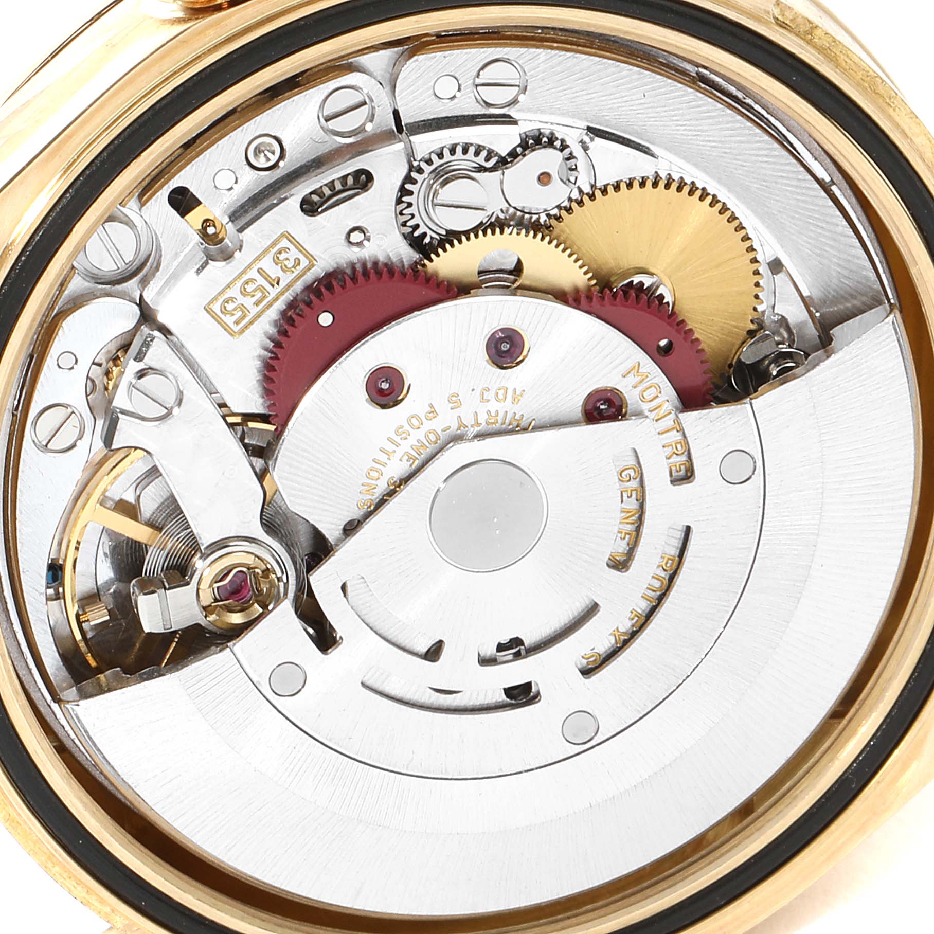 The image displays the intricate internal mechanical movement of a Rolex President 118238 Men's Yellow Gold Mother of Pearl Dial 118238 Men's Yellow Gold Mother of Pearl Dial model watch, shown from the back angle.