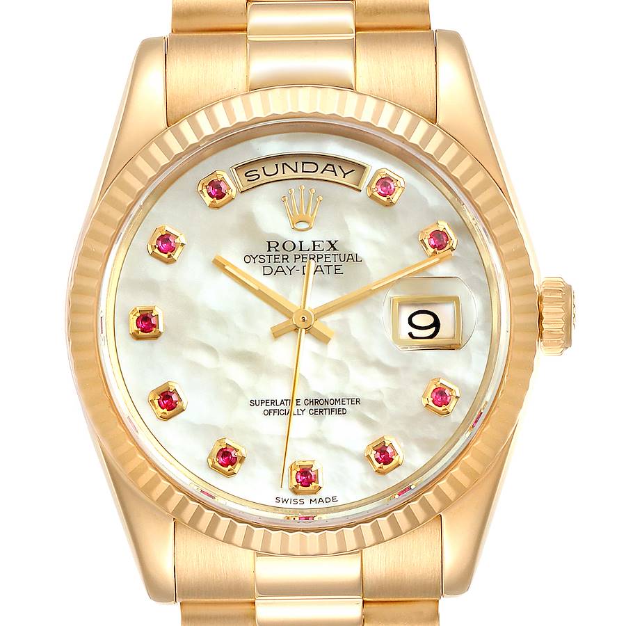 Rolex President Day Date Yellow Gold MOP Rubies Mens Watch 118238 Box Papers SwissWatchExpo