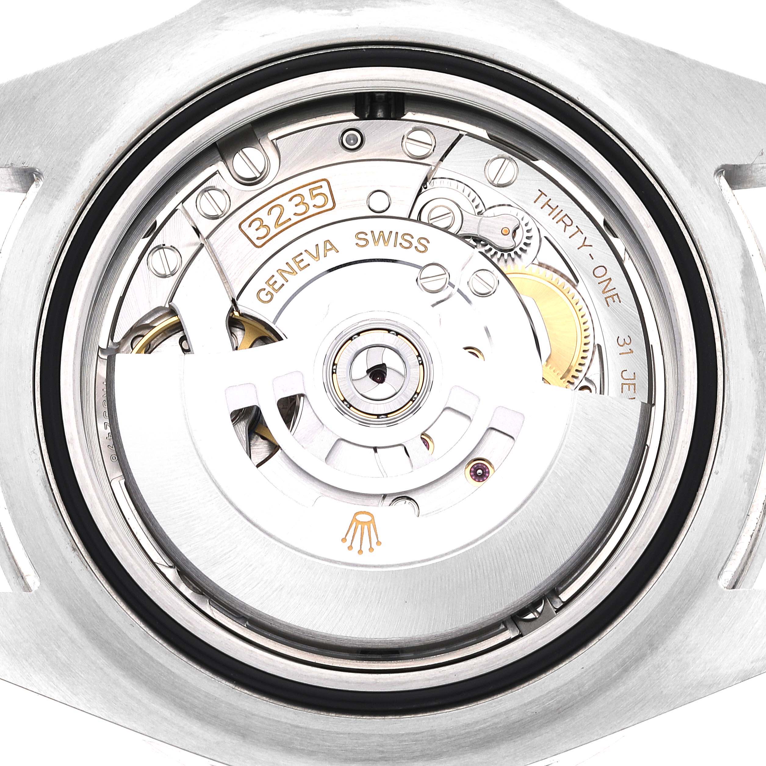 This image shows the back view of the Rolex Sea-Dweller 126600 Men
s Stainless Steel Black Dial 126600 Men
s Stainless Steel Black Dial, revealing its mechanical movement and inner components.