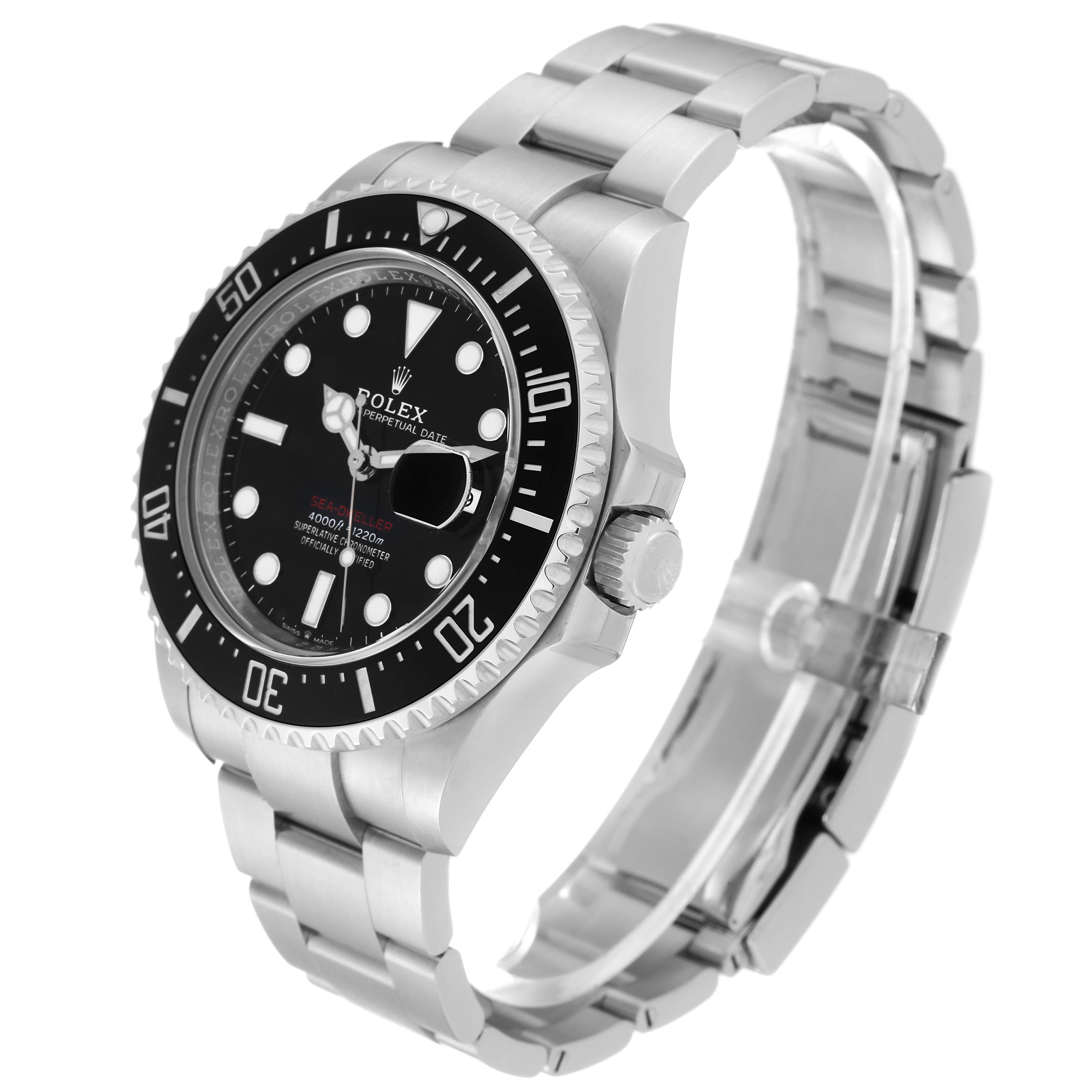 The image shows a Rolex Sea-Dweller 126600 Men
s Stainless Steel Black Dial 126600 Men
s Stainless Steel Black Dial watch at an angle highlighting its face, bezel, crown, and bracelet.