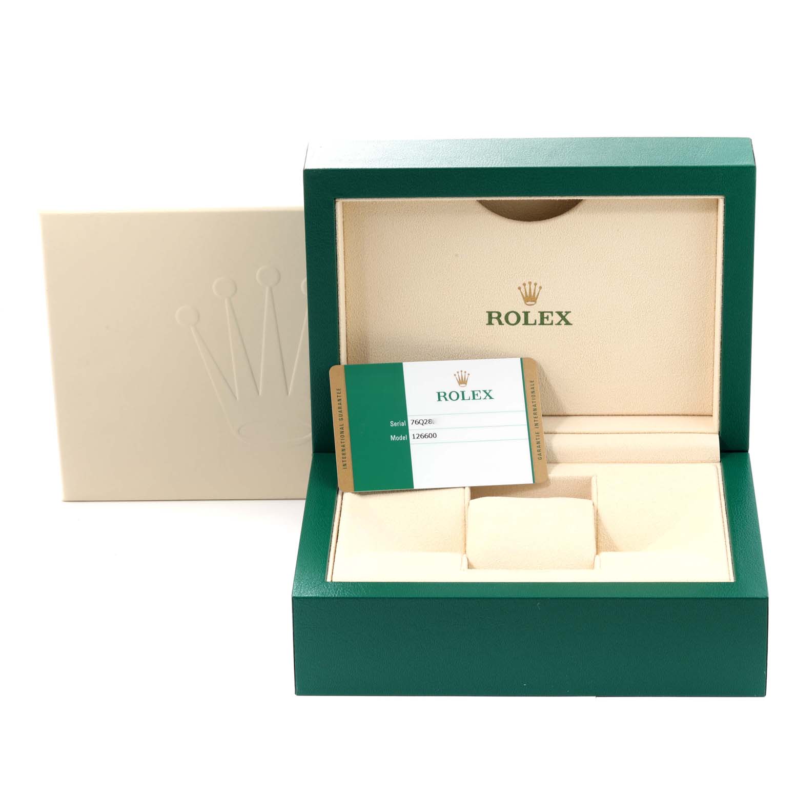 The image shows the packaging, inner box, and Best Quality
ity card for a Rolex Sea-Dweller 126600 Men
s Stainless Steel Black Dial 126600 Men
s Stainless Steel Black Dial watch.