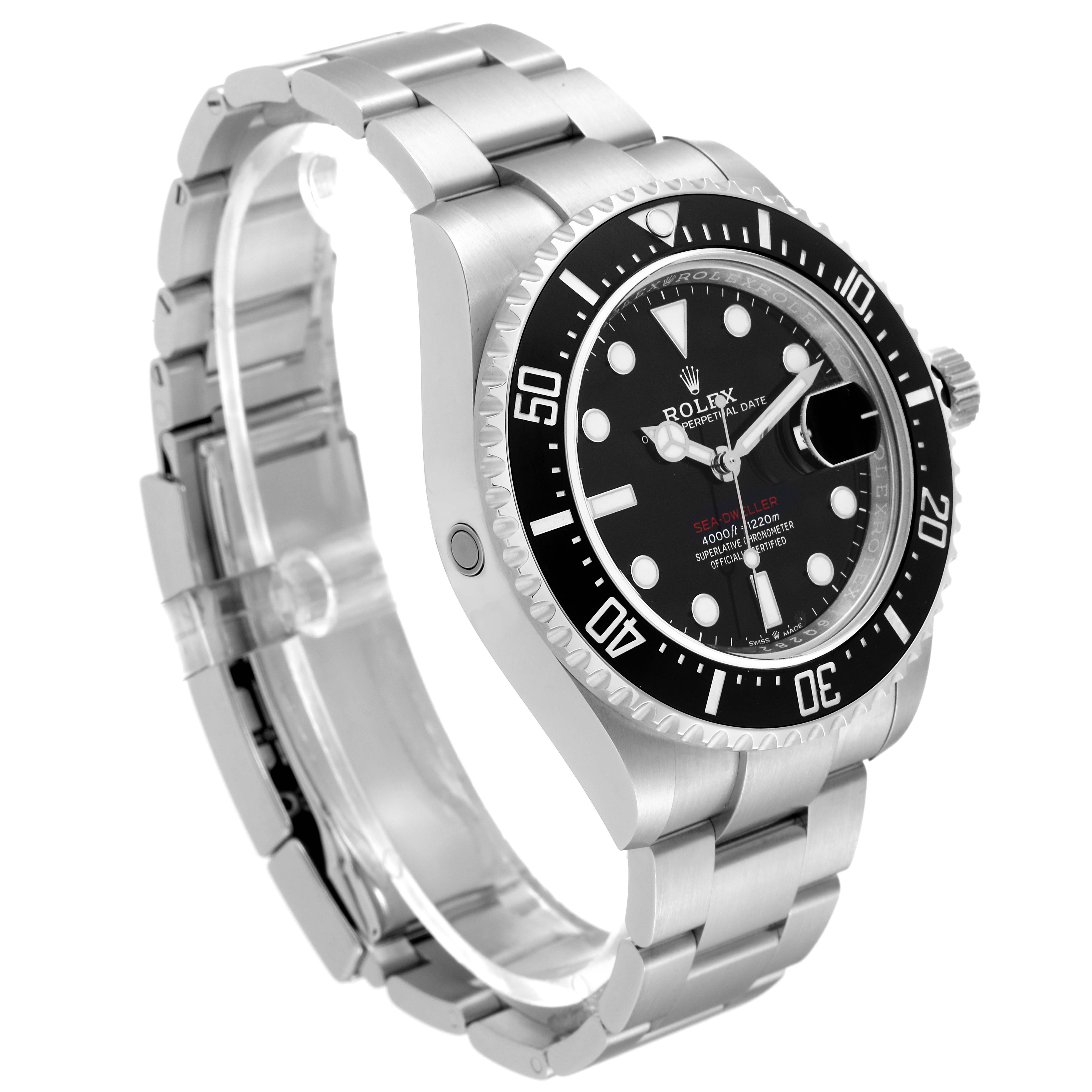The Rolex Sea-Dweller 126600 Men
s Stainless Steel Black Dial 126600 Men
s Stainless Steel Black Dial is shown at an angled side view showcasing its face, bezel, case, and bracelet.