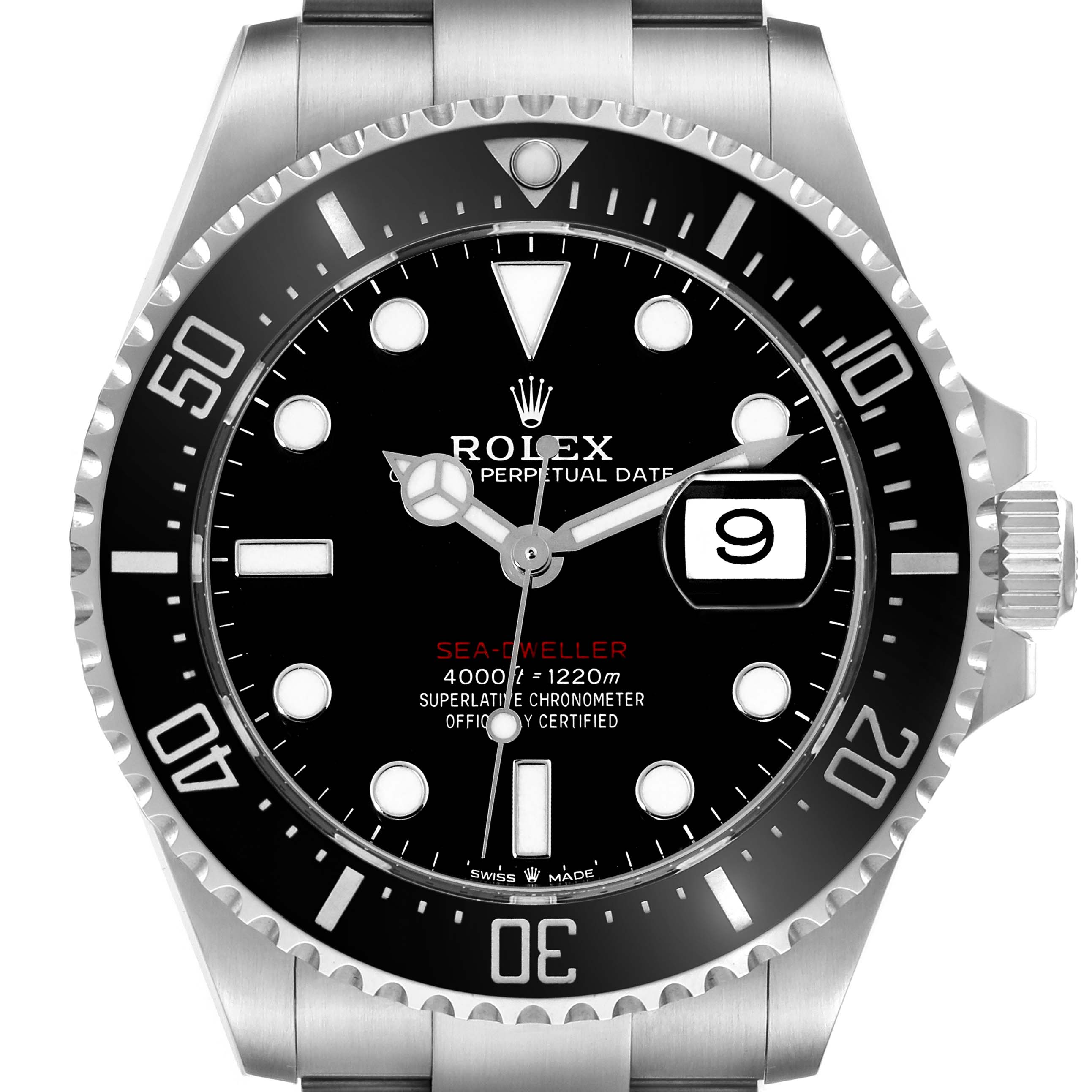 This image shows a front view of the Rolex Sea-Dweller 126600 Men
s Stainless Steel Black Dial 126600 Men
s Stainless Steel Black Dial watch, displaying the bezel, dial, hands, and date magnifier.