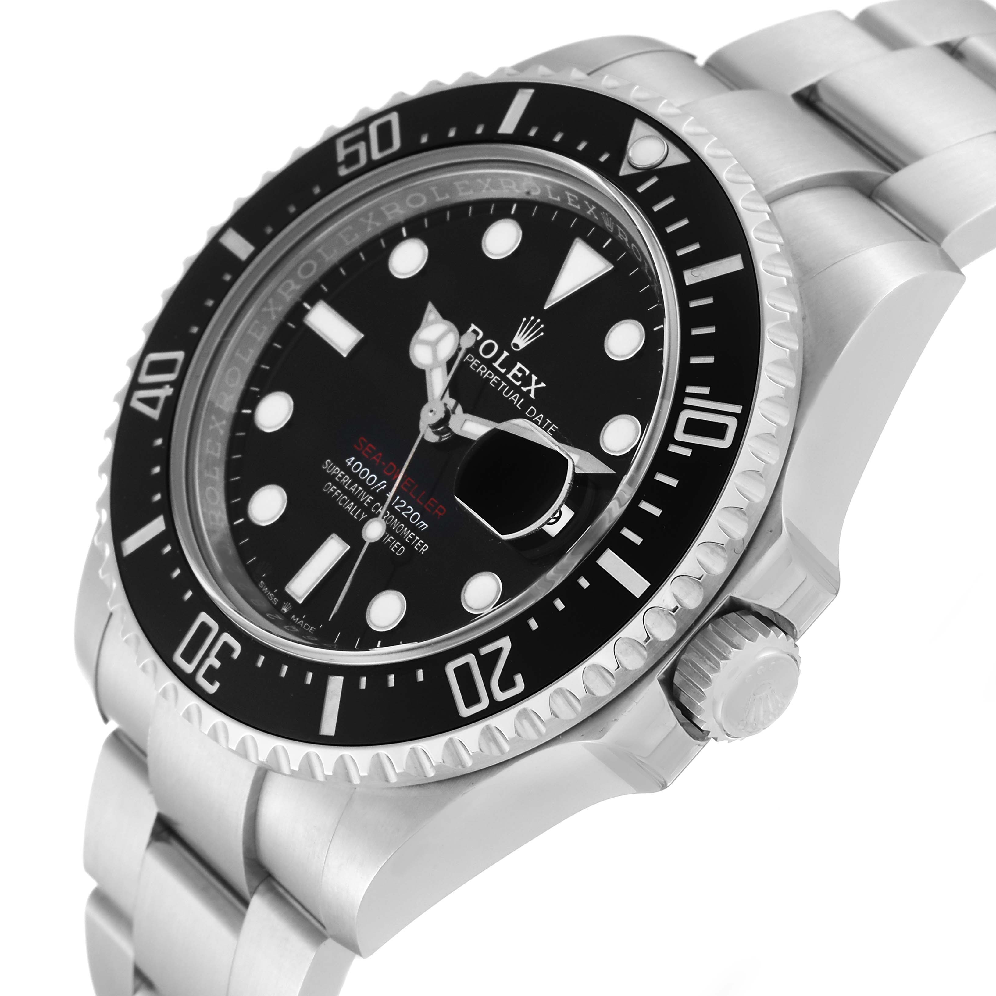 The image shows a Rolex Sea-Dweller 126600 Men
s Stainless Steel Black Dial 126600 Men
s Stainless Steel Black Dial watch at an angle, highlighting the bezel, dial, crown, and part of the bracelet.
