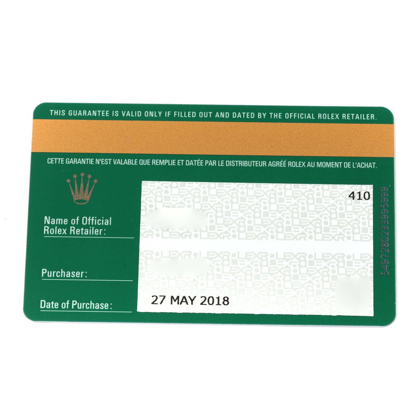 The image shows the warranty card for a Rolex Sea-Dweller 126660 Men's Stainless Steel Blue Dial 126660 Men's Stainless Steel Blue Dial watch, dated 27 May 2018.