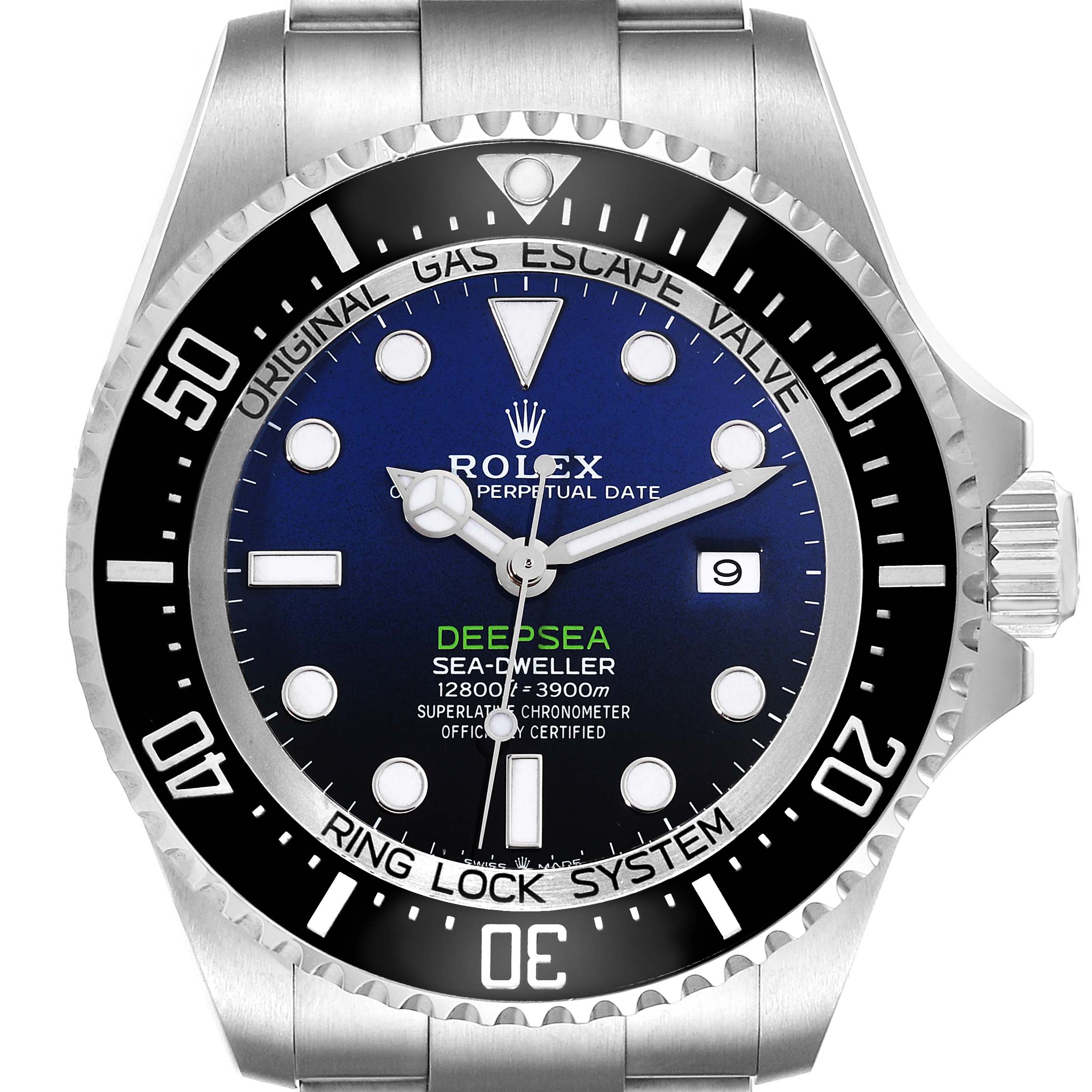 The Rolex Sea-Dweller 126660 Men's Stainless Steel Blue Dial 126660 Men's Stainless Steel Blue Dial watch is shown from a front angle, displaying the dial, bezel, crown, and part of the bracelet.