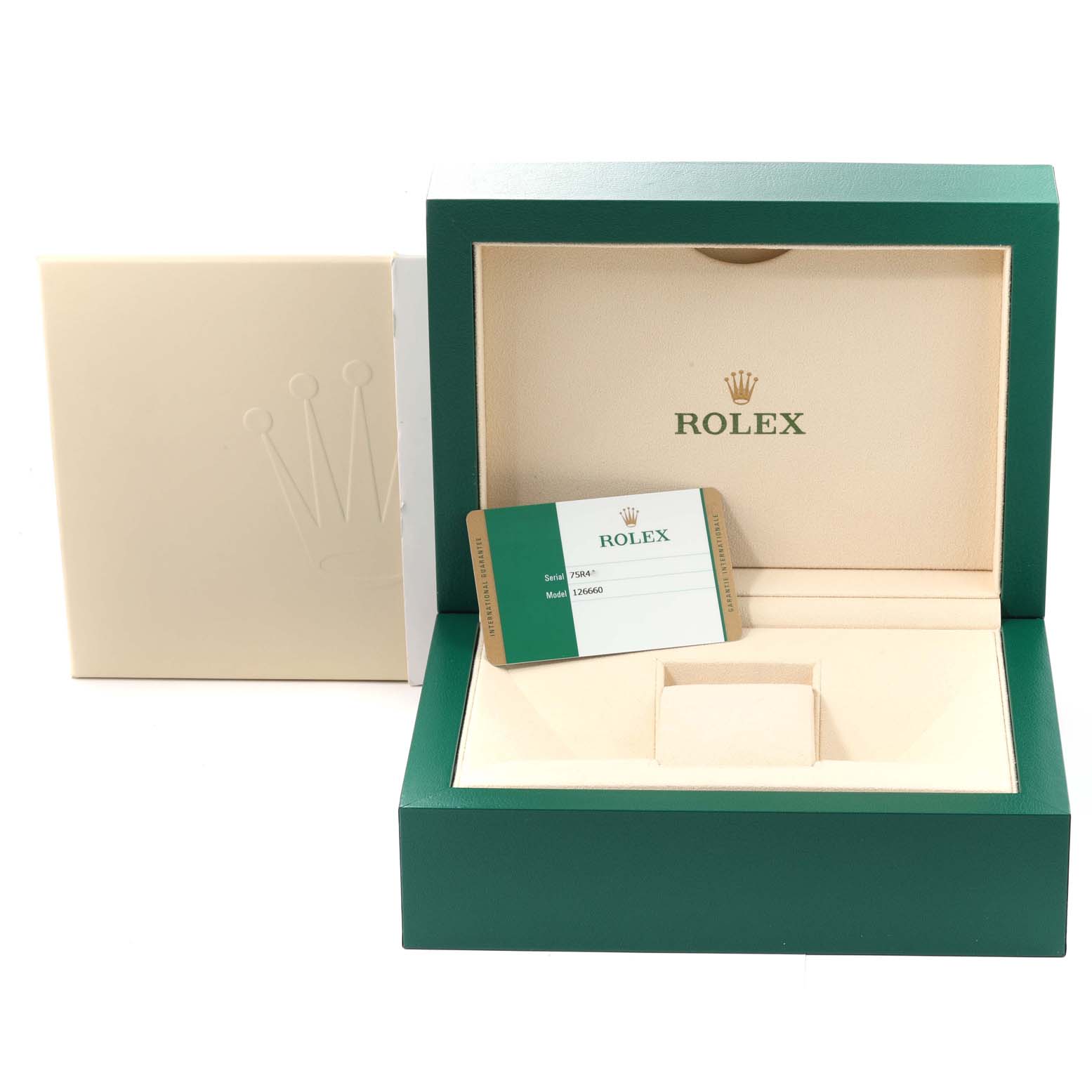The image shows the open box and warranty card for the Rolex Sea-Dweller 126660 Men's Stainless Steel Blue Dial 126660 Men's Stainless Steel Blue Dial.