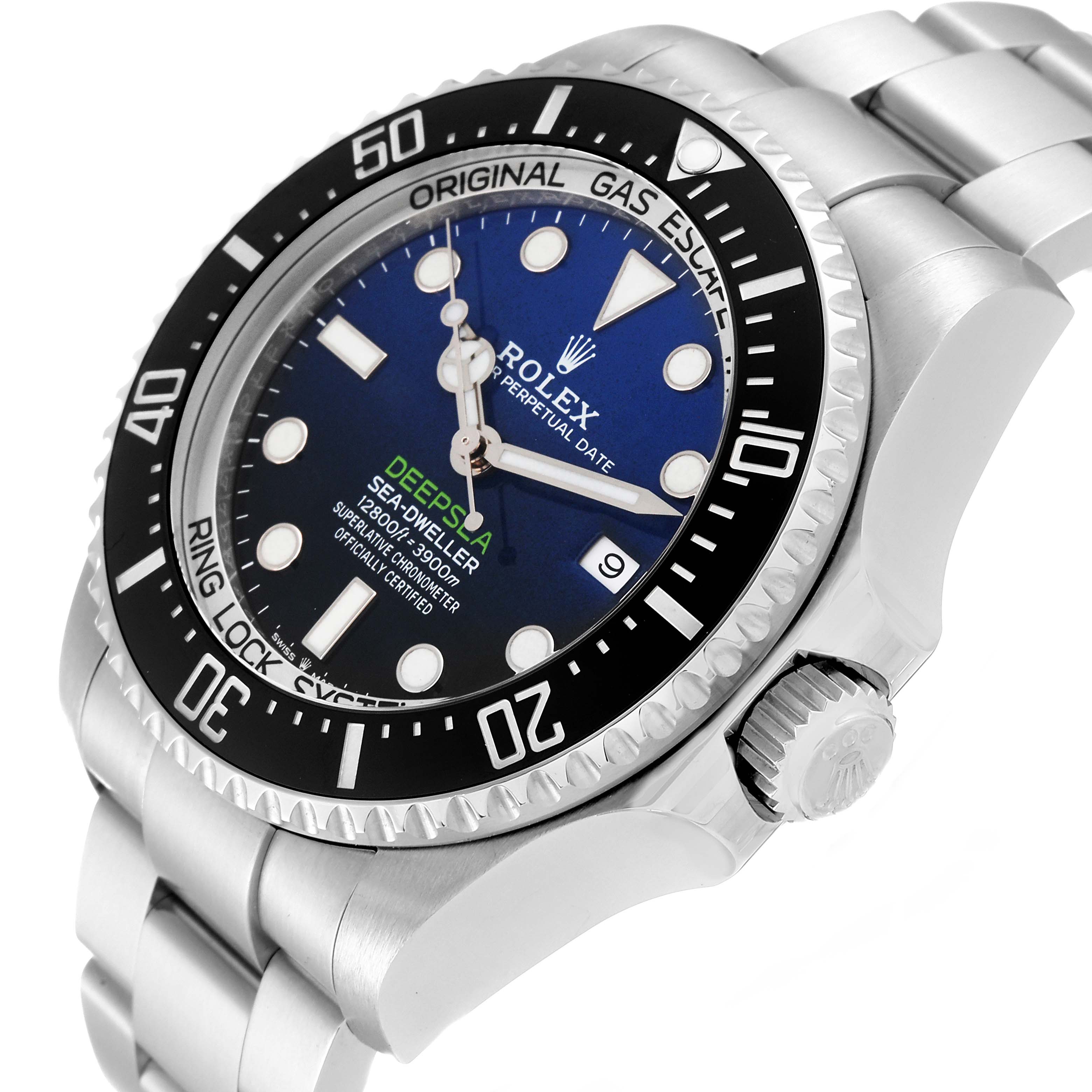 The Rolex Sea-Dweller 126660 Men's Stainless Steel Blue Dial 126660 Men's Stainless Steel Blue Dial watch is shown at an angled close-up, highlighting the crown, dial, bezel, and part of the bracelet.