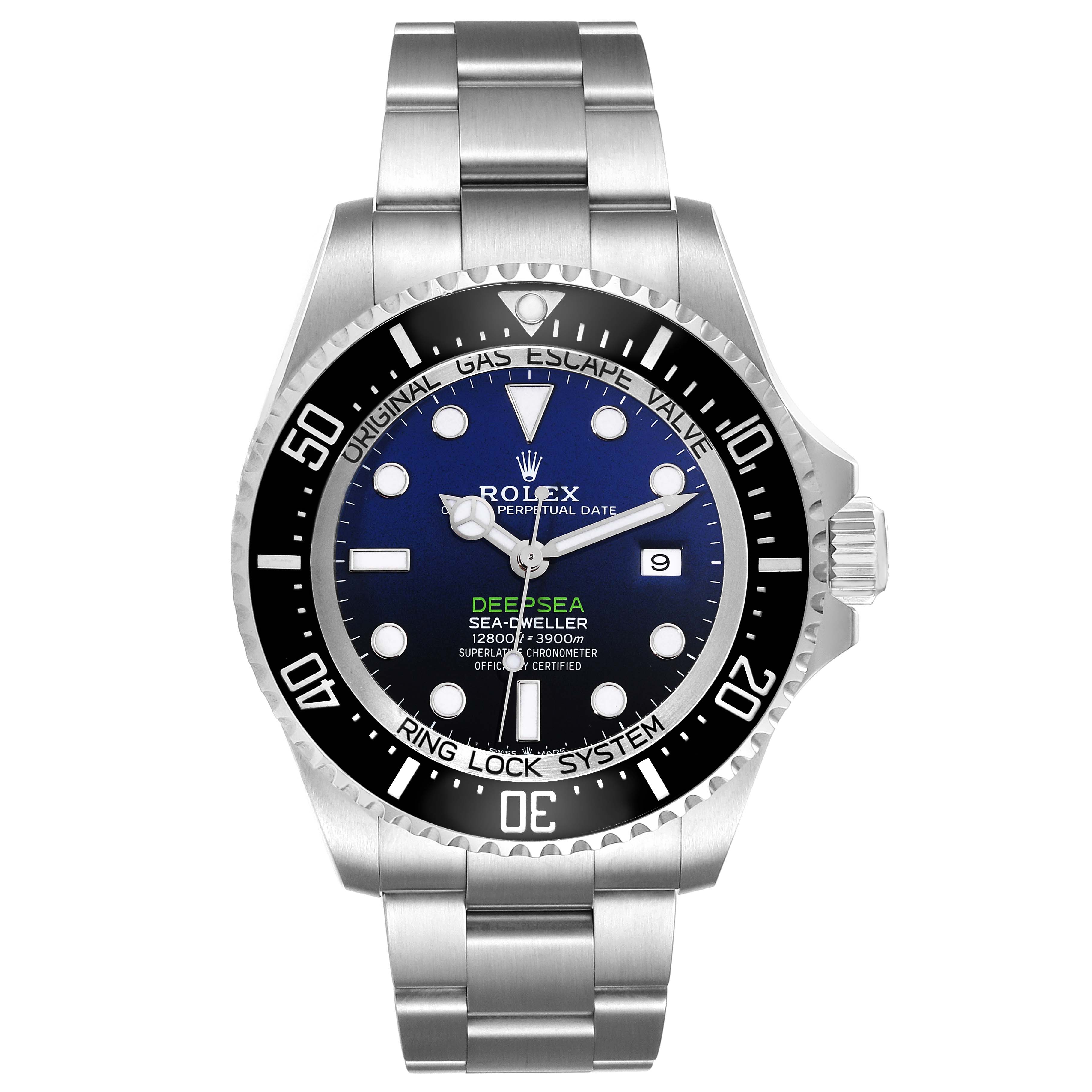 The Rolex Sea-Dweller 126660 Men's Stainless Steel Blue Dial 126660 Men's Stainless Steel Blue Dial watch is shown from a front angle, displaying the face, bezel, and bracelet.