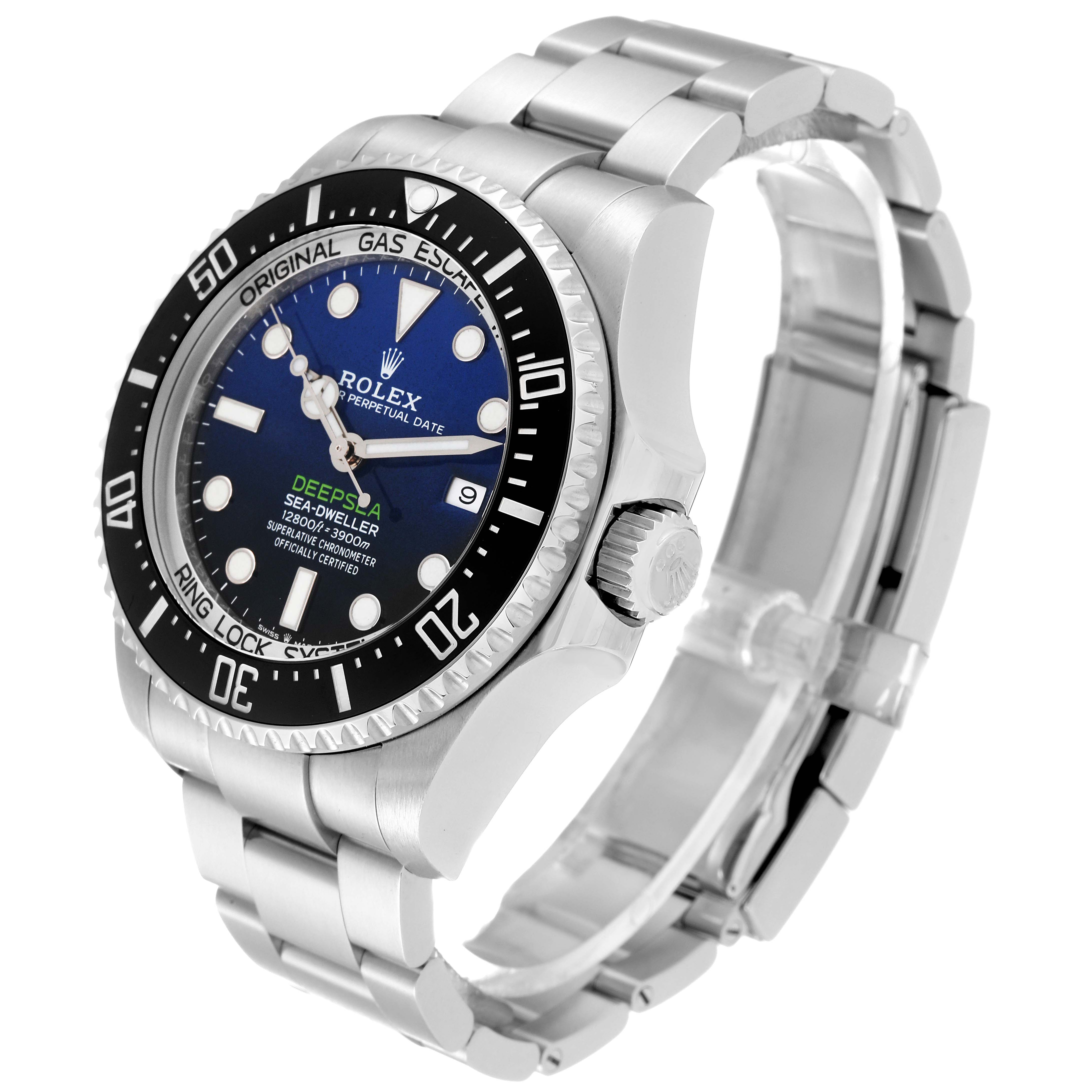 The Rolex Sea-Dweller 126660 Men's Stainless Steel Blue Dial 126660 Men's Stainless Steel Blue Dial watch is shown at an angled side view, displaying the face, bezel, crown, and metal bracelet.